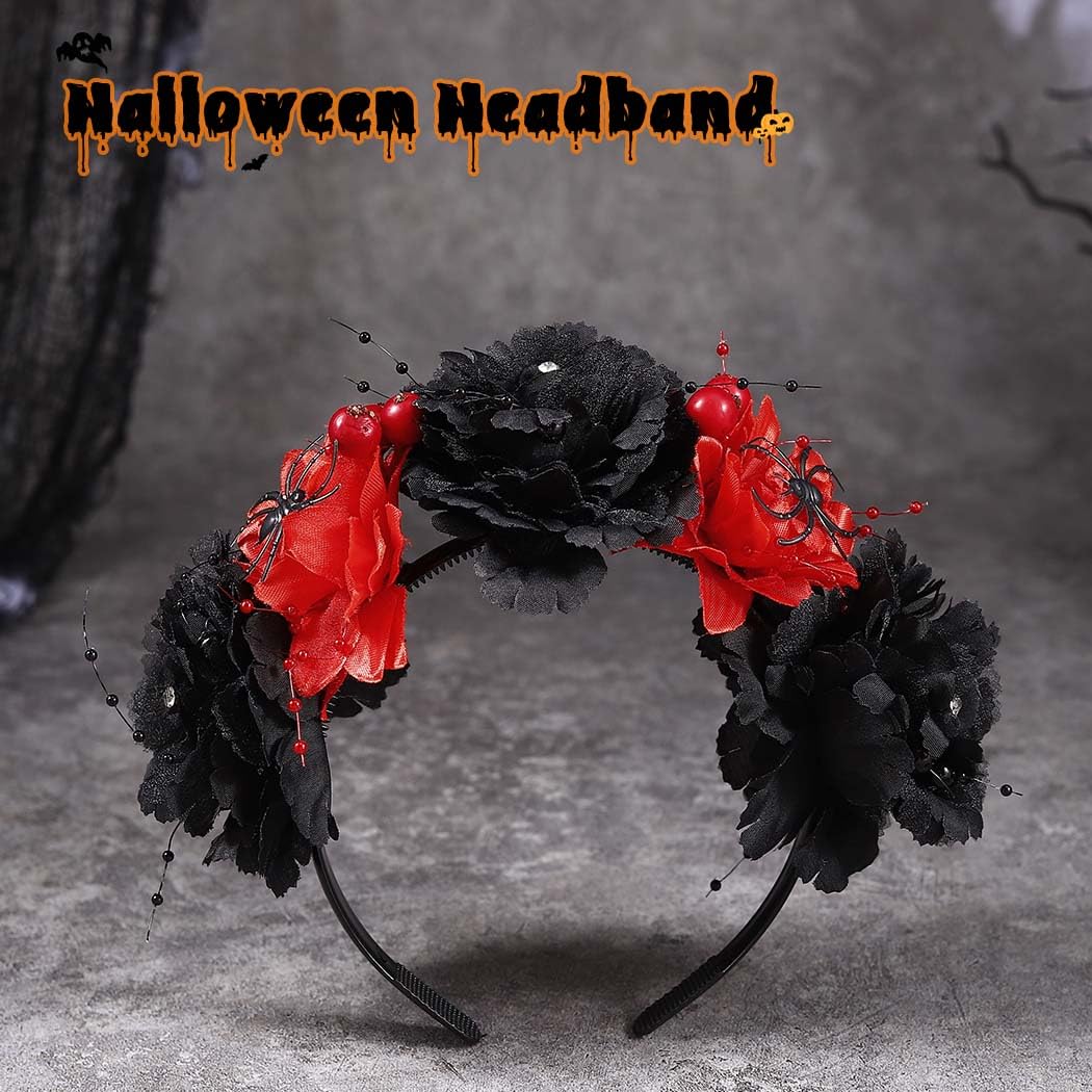 Fashband Black Rose Spider Halloween Headband - Gothic Day of the Dead Hair Crown for Women | Cosplay Accessories & Party Hairstyle Decoration
