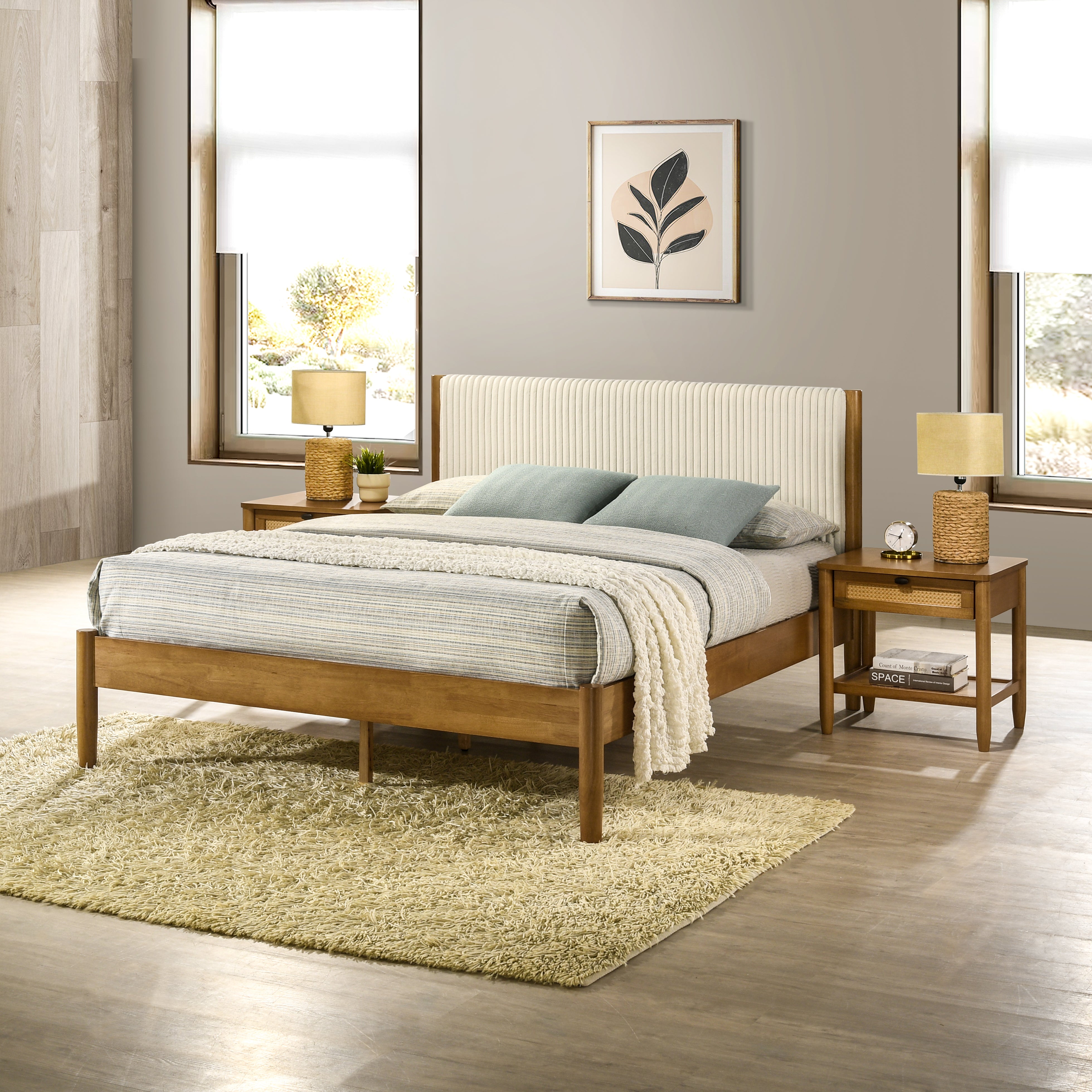 Roundhill Furniture Vichy Rattan Bedroom Set - Queen Size Light Walnut Finish Wicker Bed Frame & Nightstands - Perfect for Coastal, Boho & Farmhouse Style Bedrooms