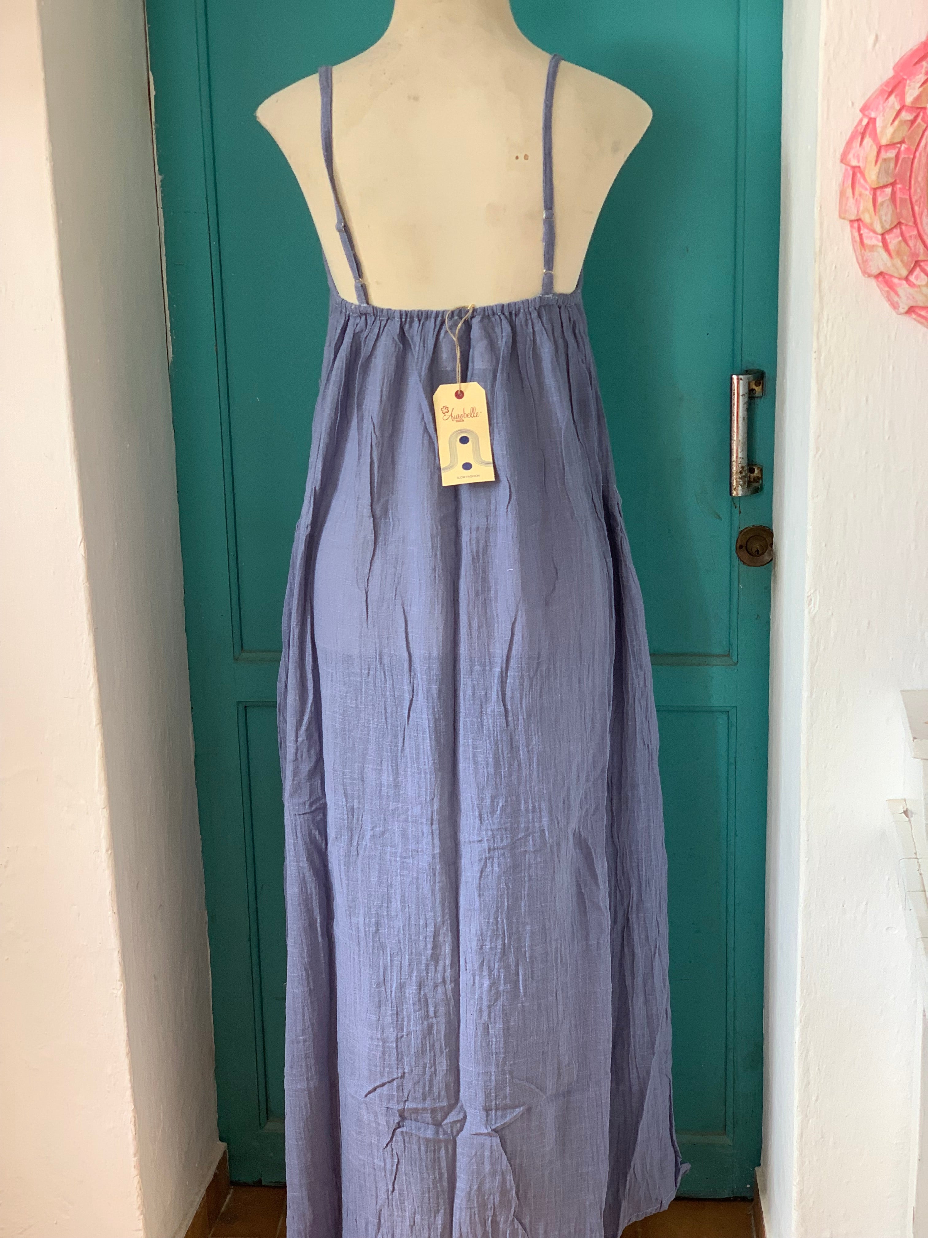 Boho Summer Linen Maxi Dress - Plain Basic Ocean Blue | Beach Vacation, Casual Outing, Festival Wear