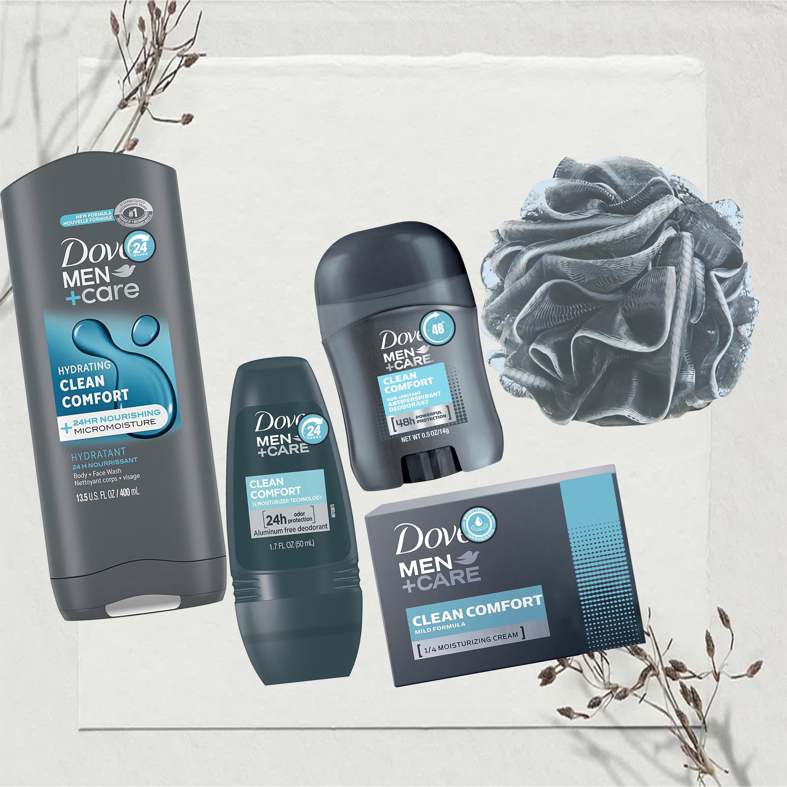 Men's Valentine's Day Gift Set - 5 Piece Body Care Kit with Clean Comfort Body Wash, Deodorant Stick & Roll-On, Bar Soap & Shower Pouf - Perfect for Romantic Gifts, Anniversary Presents & Self-Care Routines