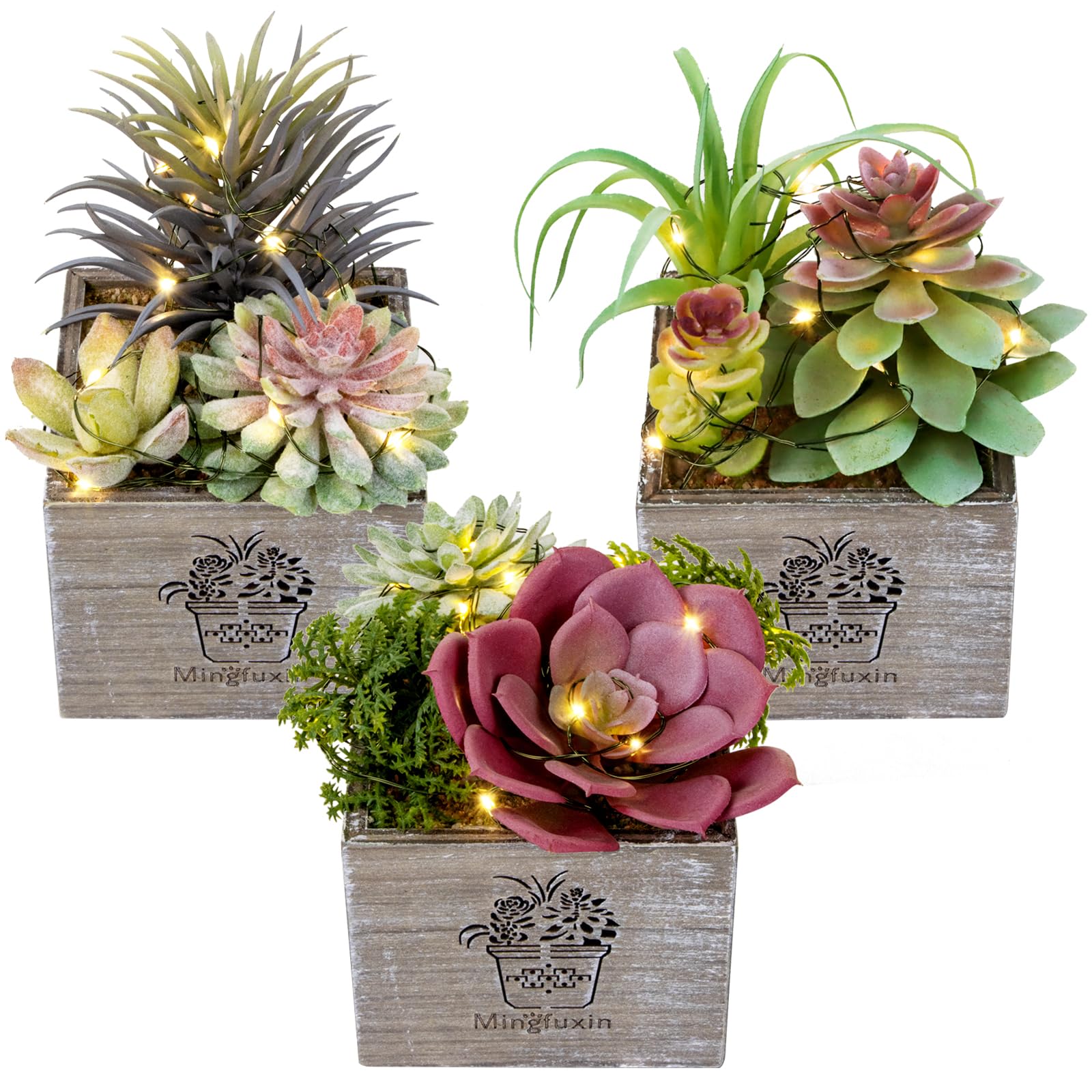 3 Pack Mini Artificial Succulent Plants with LED Lights - Small Fake Plants for Bathroom, Bedroom, Desk & Office Decor - Perfect for Home, Wedding, Party & Gift Giving