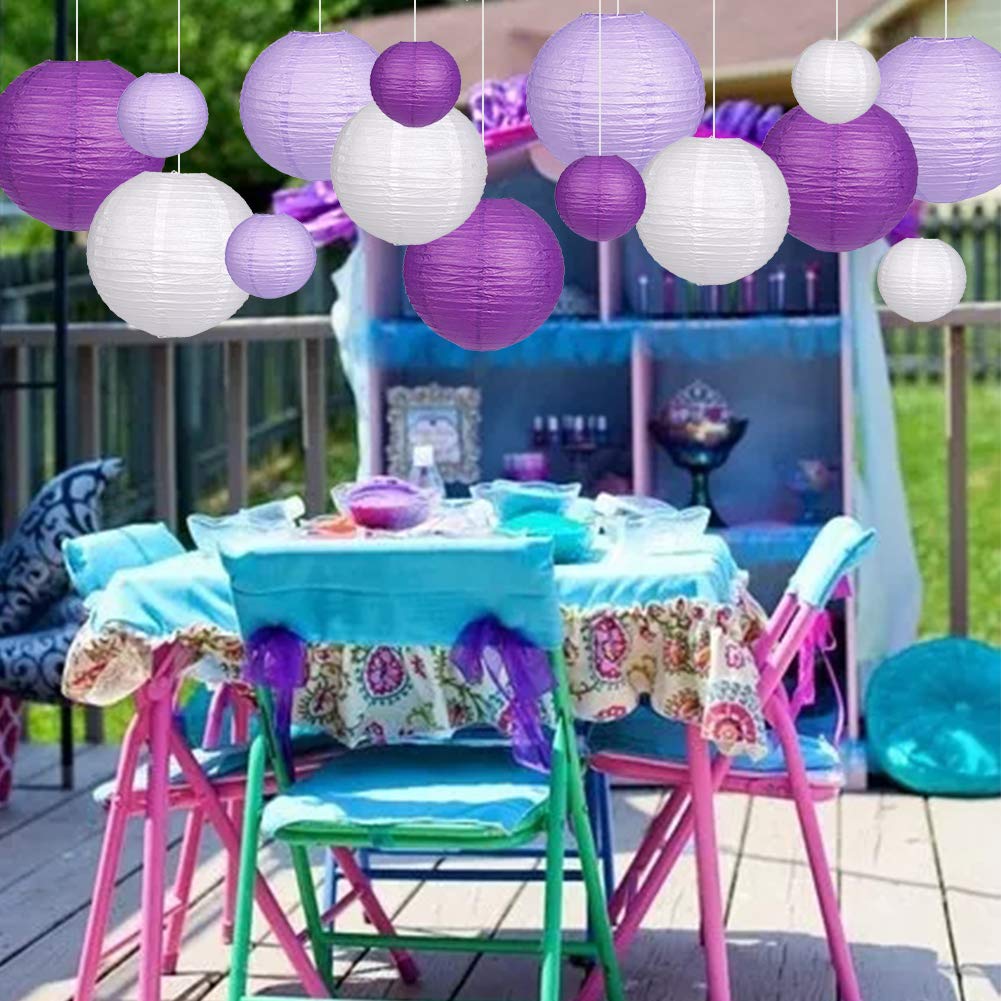 15pcs Round Hanging Paper Lanterns for Party Decor - Purple Lavender White Wedding Bachelorette Engagement Birthday Decorations | Indoor Outdoor Home Garden Event Lighting