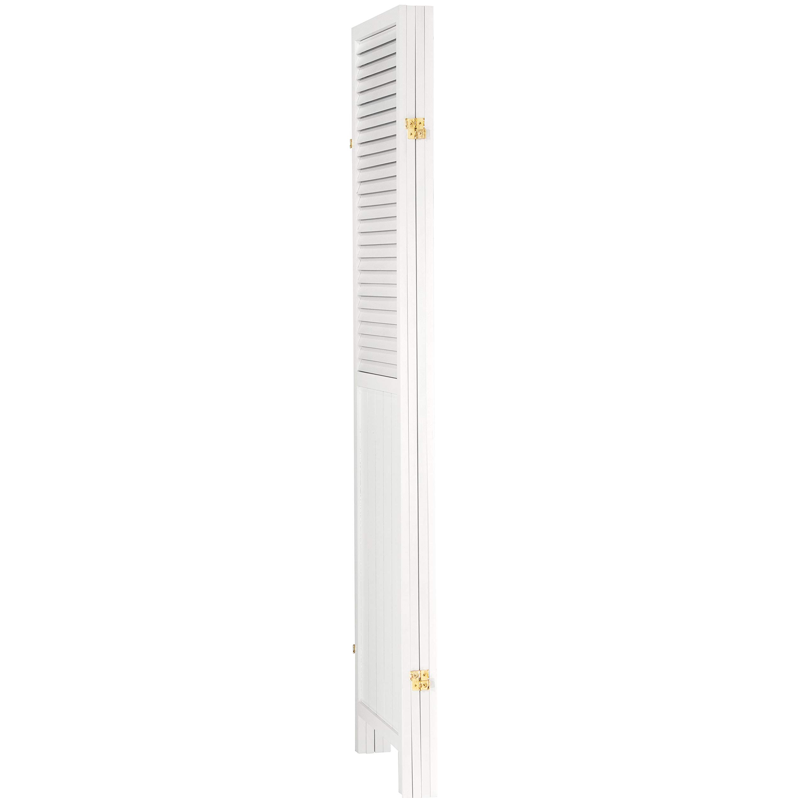 6 ft. Tall Red Lantern Louvered Beadboard Room Divider - White 4 Panel Folding Privacy Screen for Living Room, Bedroom, or Office Partition