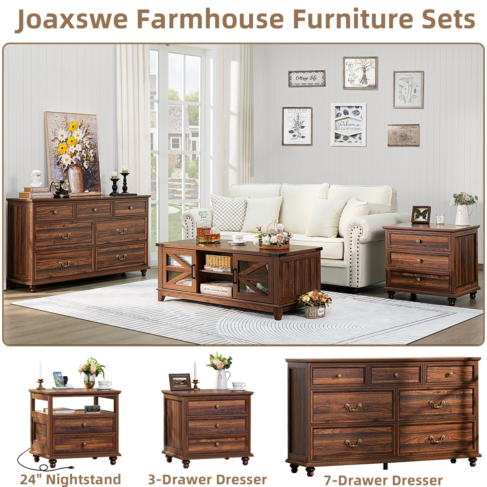 Farmhouse Dresser and Nightstand Set - 3 Piece Bedroom Furniture with 7-Drawer Dresser (54
