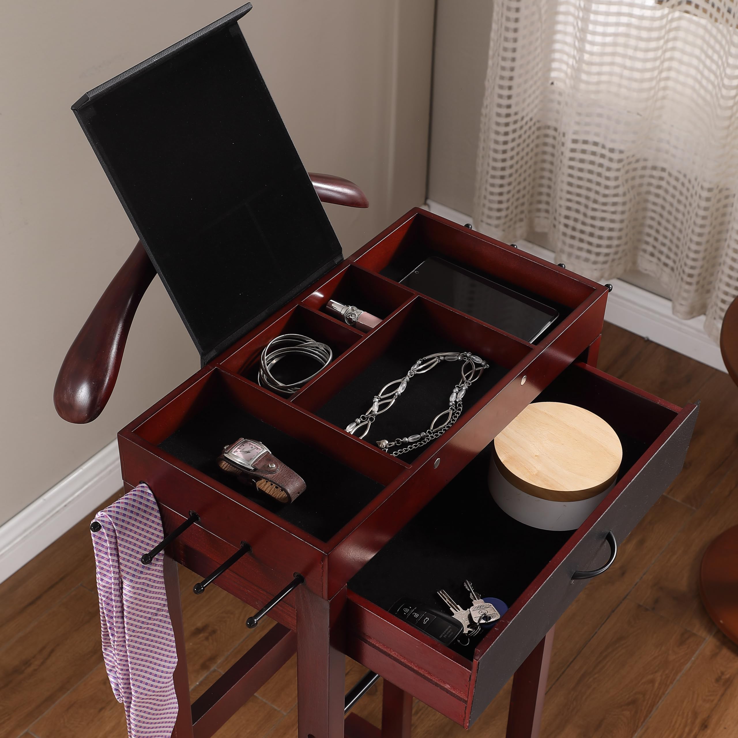Premium Winston Wooden Clothes Valet Stand - Freestanding Wardrobe Organizer with Hanger, Pant Rod, Drawer, Tie Hook & Shoe Tray for Men & Women - Mahogany Finish - Perfect for Bedroom, Walk-in Closet & Dressing Room Organization