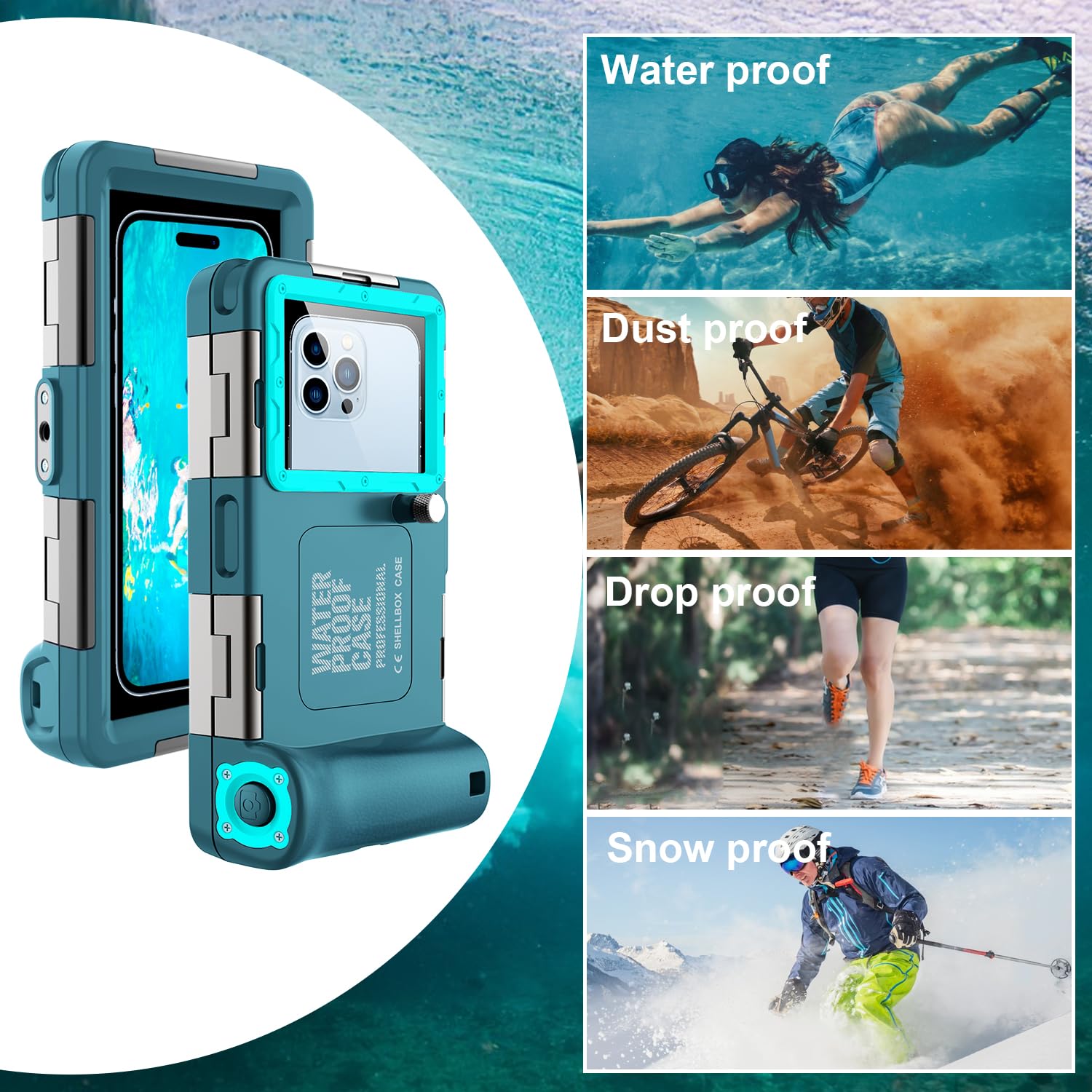 **Waterproof Phone Case for iPhone 15/14/13/12/11 Pro Max/XR/XS/X & Samsung Galaxy S24/S23/S22/S21 – Professional Snorkeling & Scuba Diving Underwater Housing – Capture Photos & Videos – Ideal for Beach, Pool & Water Sports (Teal-Blue)**