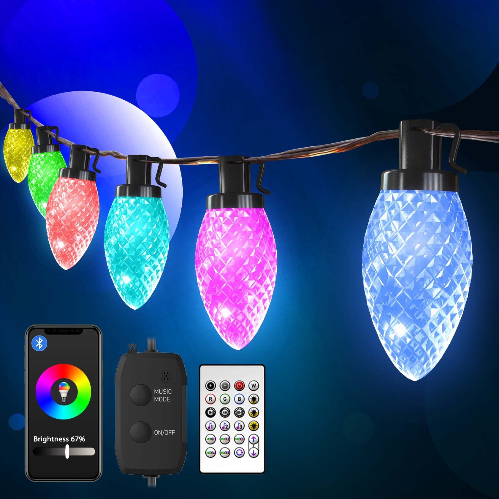 C9 Smart Christmas Lights - 32.8Ft LED Outdoor String Lights with 50 Dimmable Bulbs, Remote & App Control, Music Sync, Timer, Waterproof - Perfect for Halloween, Christmas Decor, Parties, Weddings & Home Lighting