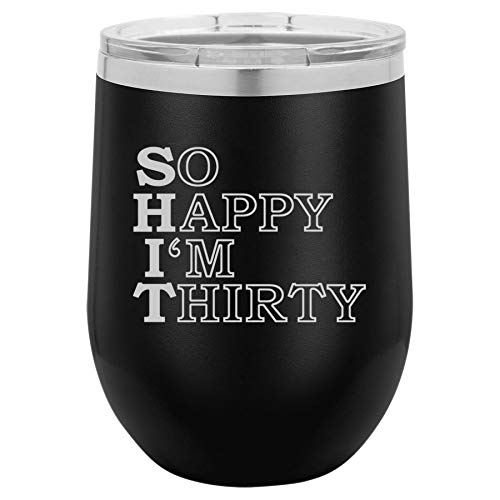 12 oz Double Wall Vacuum Insulated Stainless Steel Wine Tumbler - Stemless Coffee Travel Mug with Lid - Funny 30th Birthday Gift (Black) - Perfect for Office, Commuting & Outdoor Activities