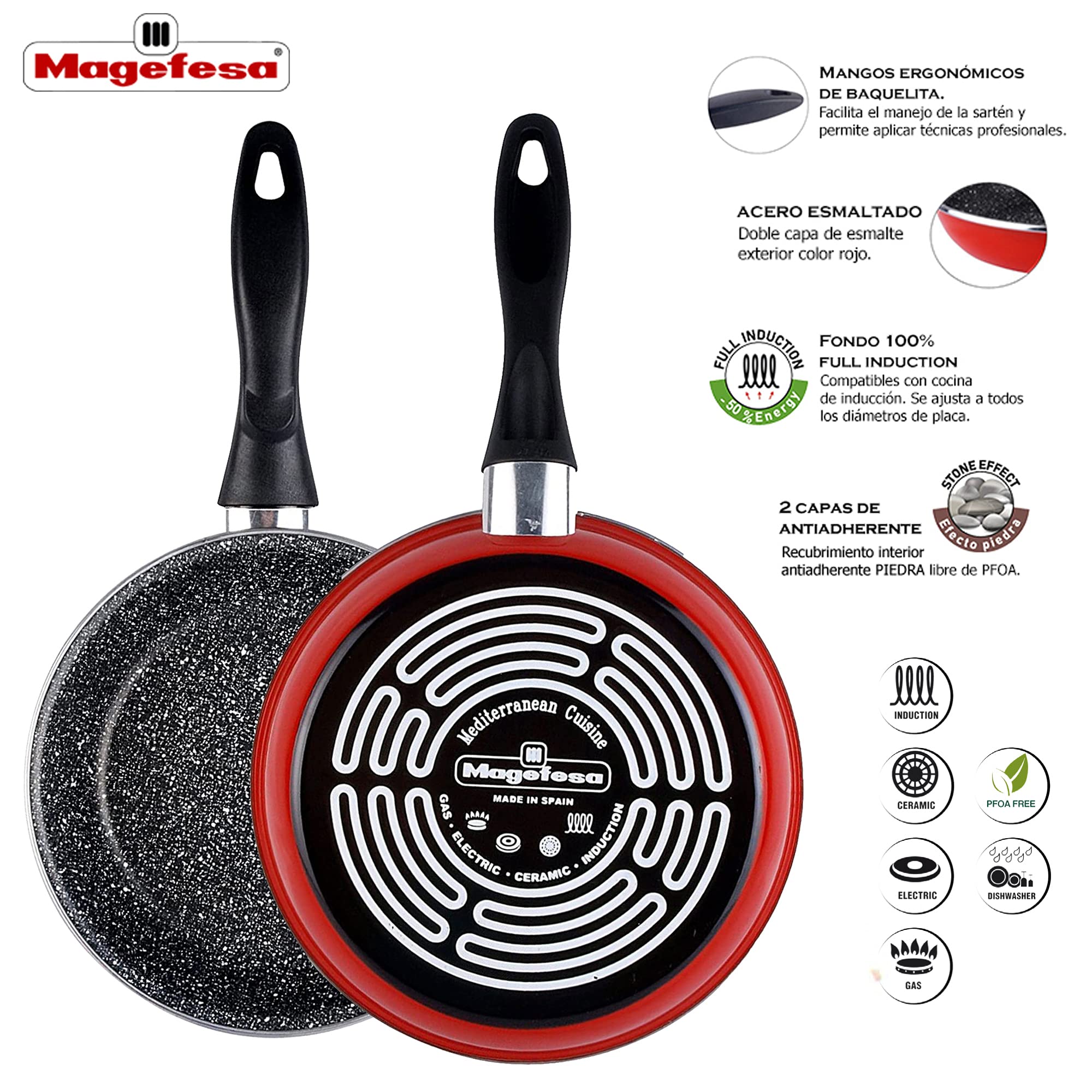 Magefesa K2 Red 20cm Non-Stick Frying Pan - Vitrified Steel Construction, Stone Effect Coating, Induction Compatible, Energy Efficient - Perfect for Sautéing, Frying & Cooking on Gas, Electric & Induction Stoves