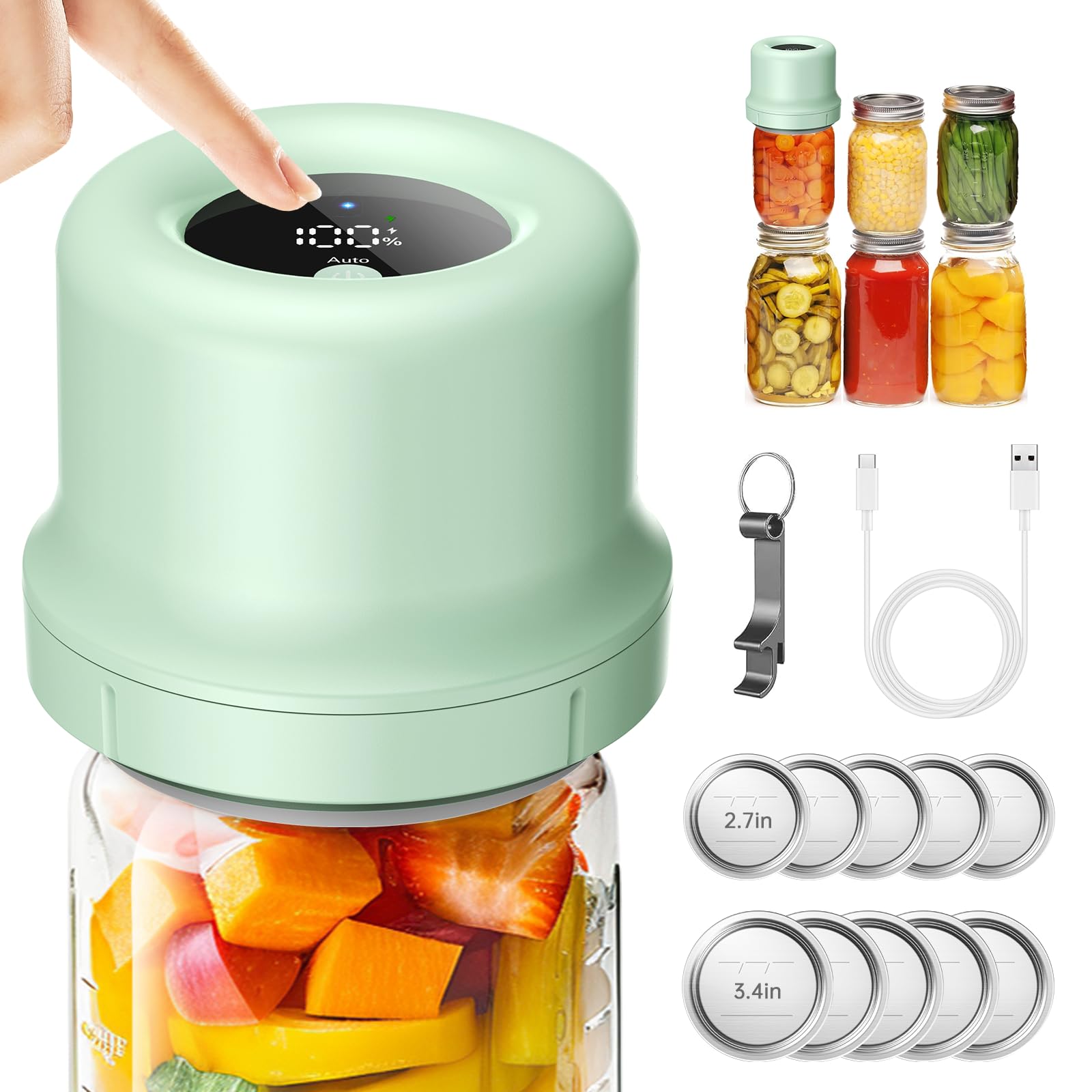 Electric Mason Jar Vacuum Sealer Kit - Smart Integrated Design with Auto Stop, 1800mAh Rechargeable Battery for Regular & Wide Mouth Jars | Perfect for Food Storage, Meal Prep & Sous Vide Cooking