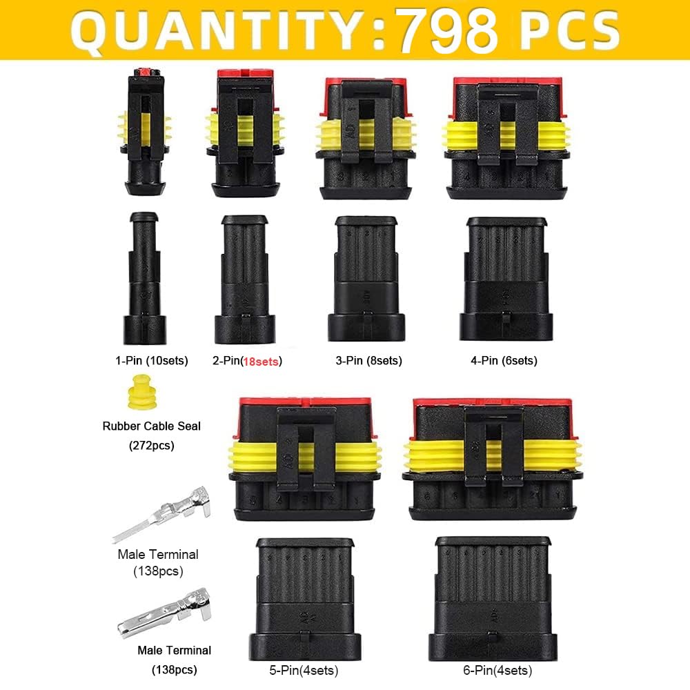 798Pcs 50 Sets Waterproof Automotive Wire Connectors Kit with Ratcheting Crimper Tool - 1/2/3/4/5/6 Pin Electrical Connectors for Car, Truck, Boat & Motorcycle Wiring Repairs & DIY Projects