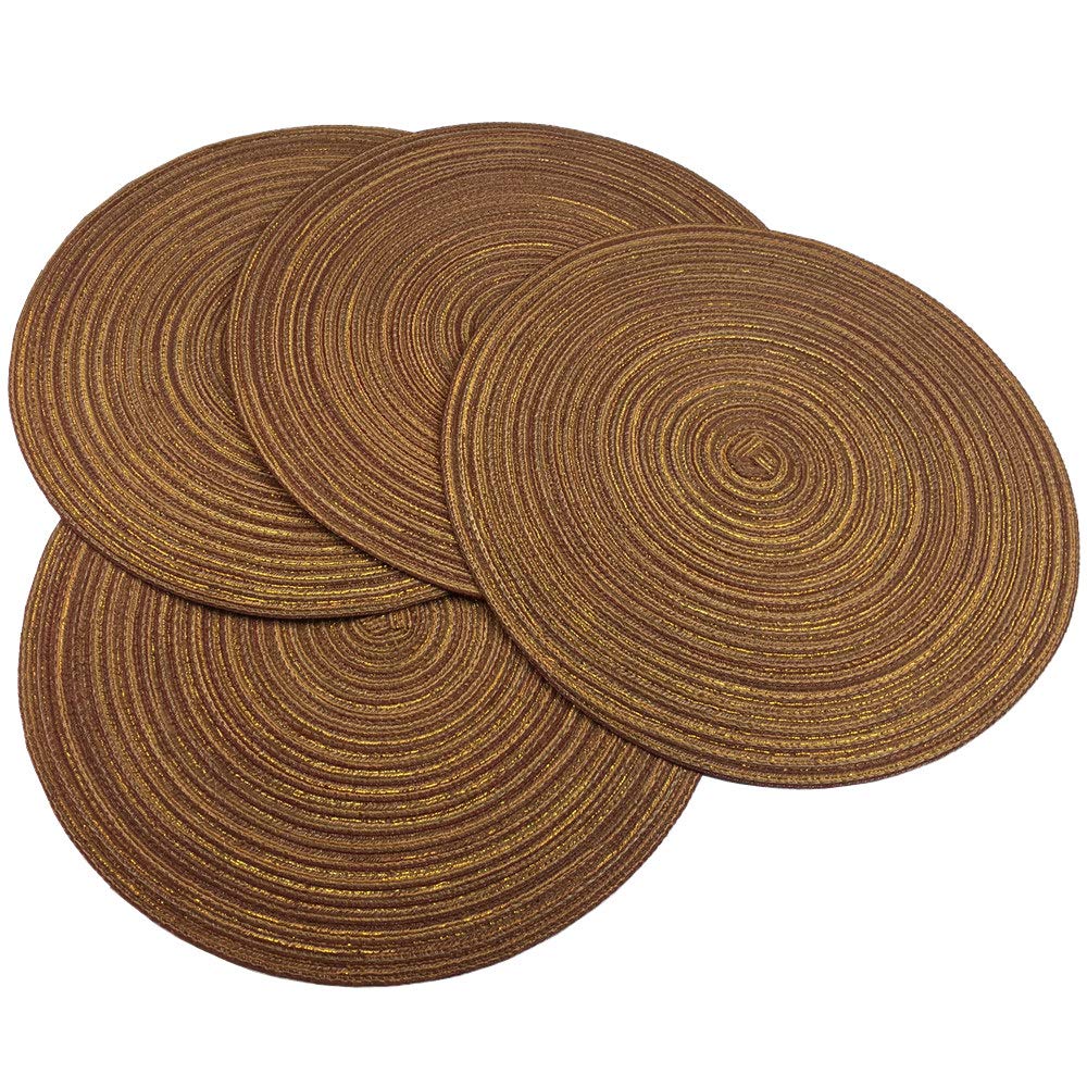 Red-A Round Woven Placemats Set of 4 - 14 Inch Heat Resistant & Non-Slip Dining Table Mats in Rust Red with Gold Silk Trim | Perfect for Kitchen, Dinner Parties & Holiday Decor