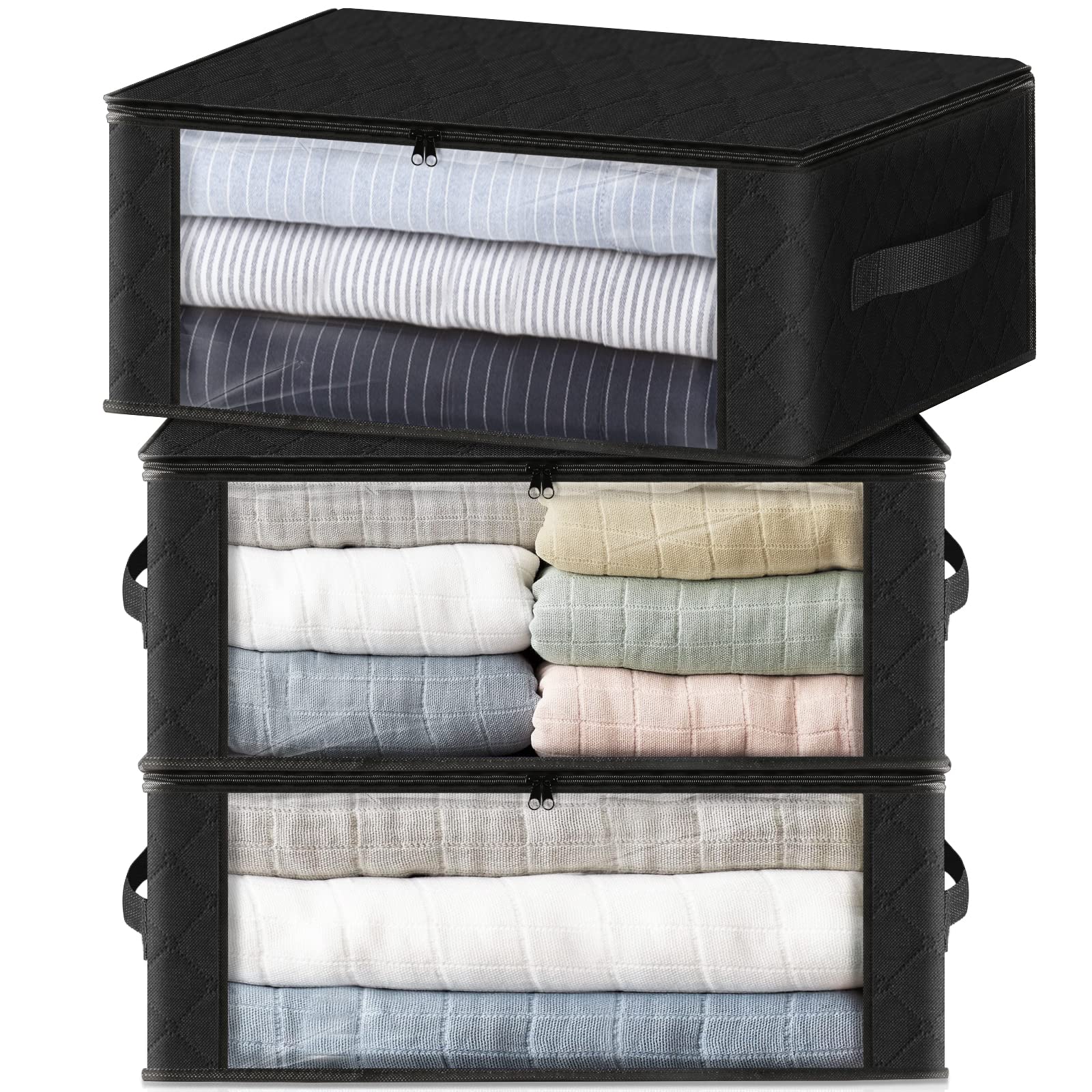 HomeHacks 3-Pack Foldable Storage Bags with Clear Window & Sturdy Handles - 35L Clothes Organizer Box for Closet, Dorm, Travel | Perfect for Pillows, Bedding, Blankets, Stuffed Toys & Seasonal Clothing Storage (Black)