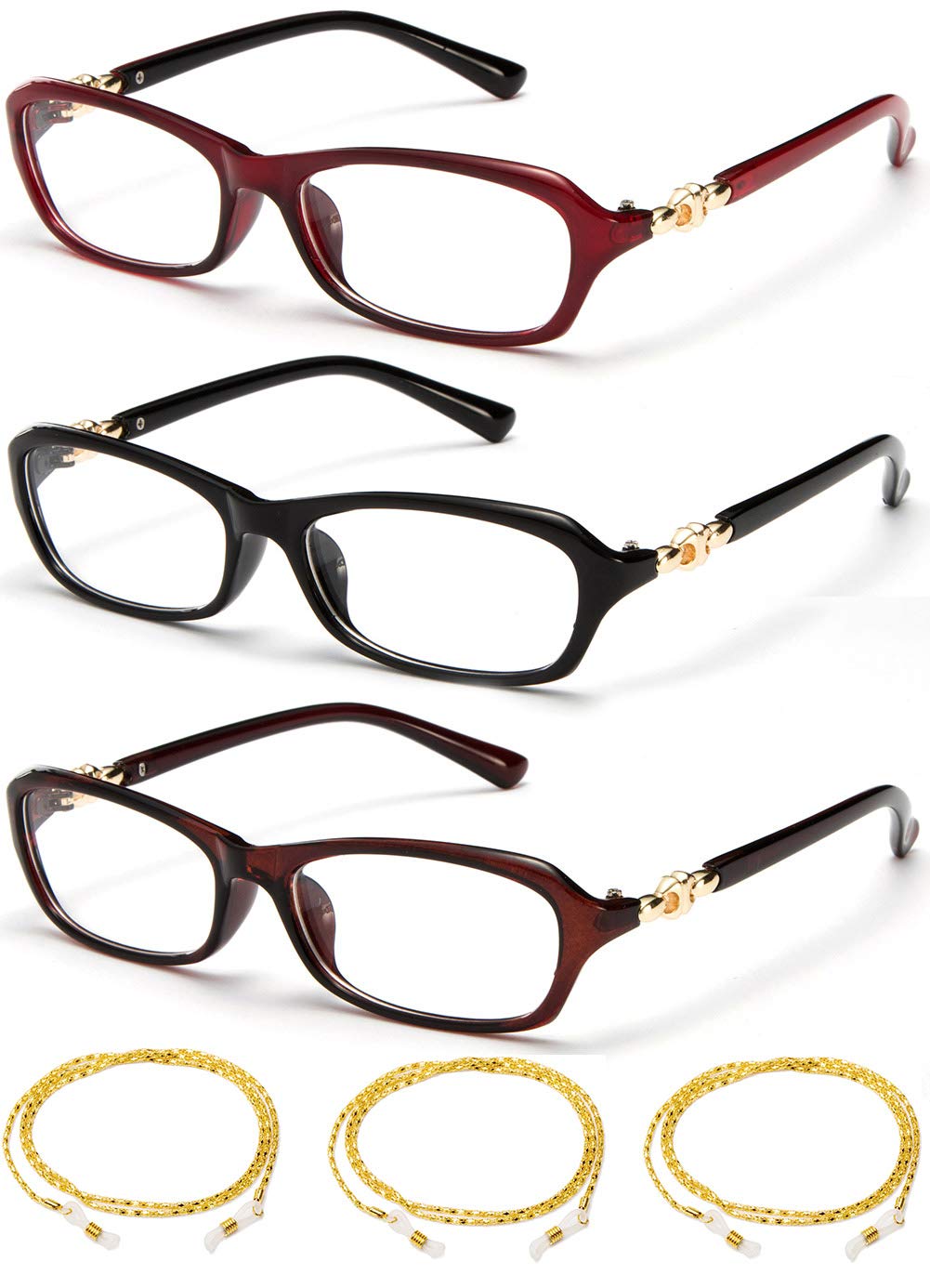 3 Packs Fashionable Women's Reading Glasses with Chain - Designer Inspired Readers (1.75 Magnification) - Perfect for Reading, Working & Everyday Use