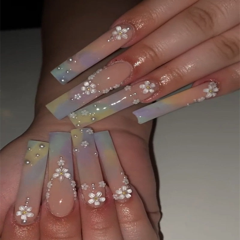 24Pcs Ballet Full Cover Fake Nails - Flower & Butterfly Design with Rhinestones | Press on False Nails for Manicure | Perfect for Weddings, Parties & Special Occasions