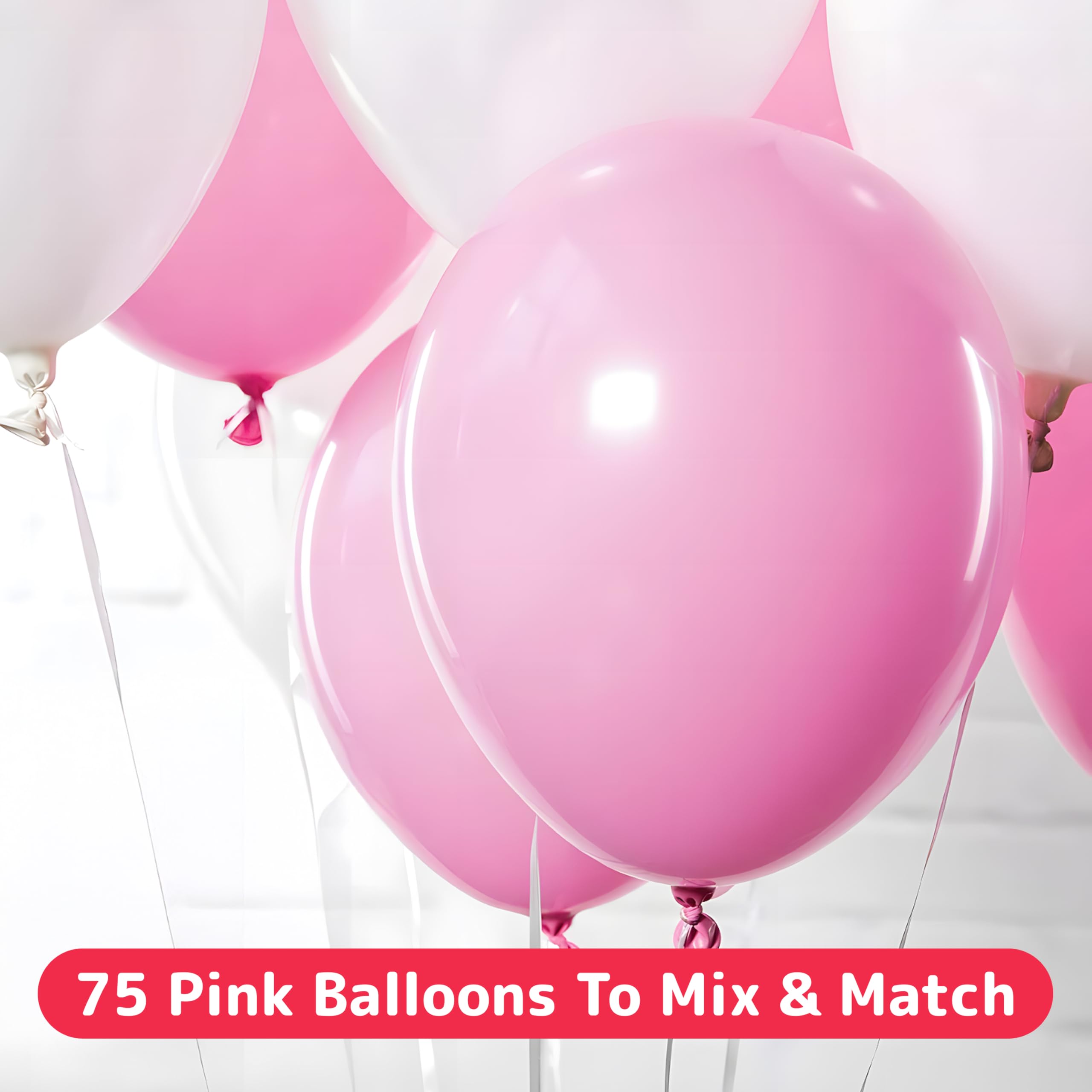 Prextex 75-Pack 12 Inch Pink Party Balloons with Matching Ribbon - Helium Quality for Pink Theme Parties, Weddings, Baby Showers & Birthday Decorations - Perfect for Balloon Arches, Backdrops and Party Supplies