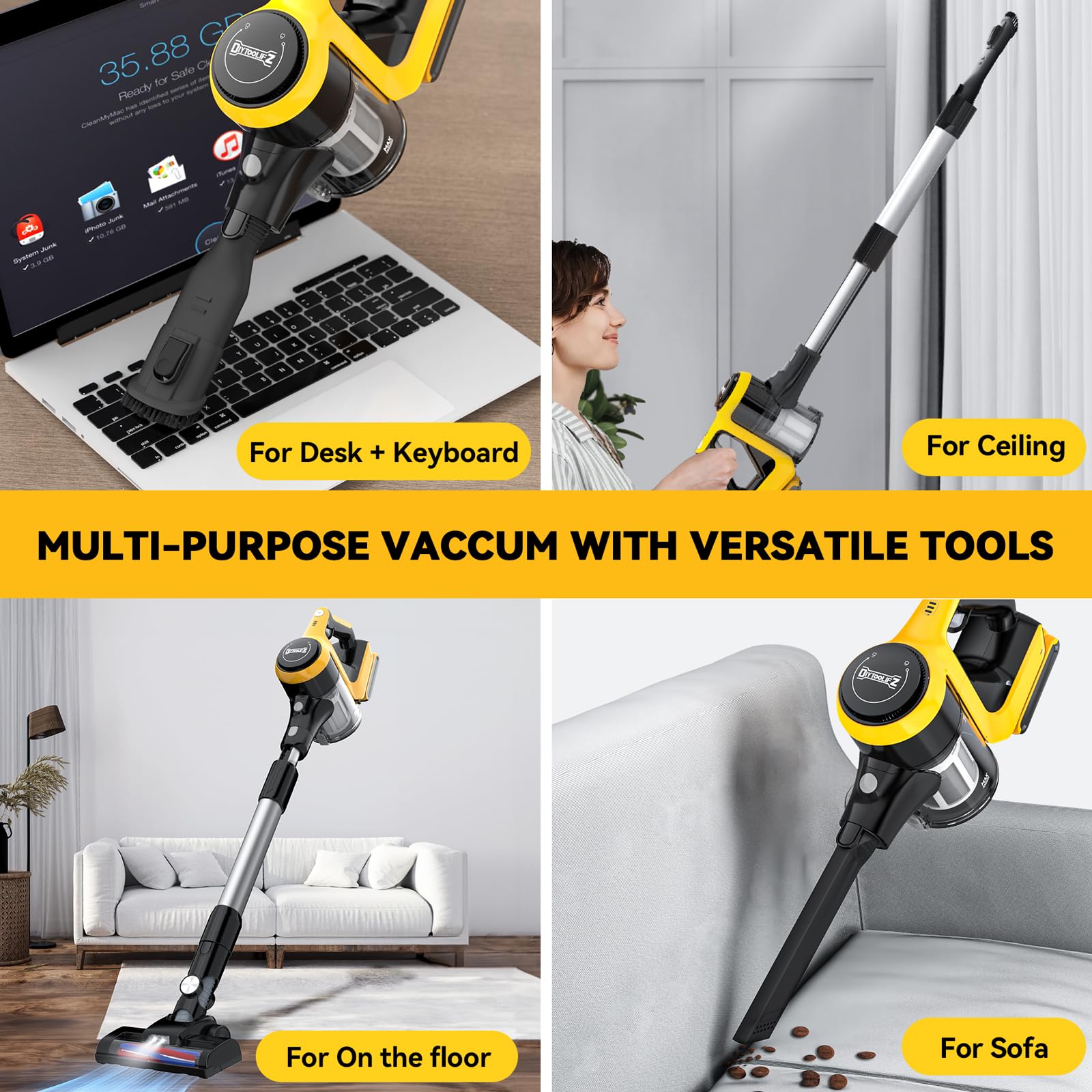 **DeWALT 20V Cordless Stick Vacuum Cleaner (No Battery Included) - 30kPa Lightweight, 2-Speed Suction, 180° Bendable Wand for Hard Floors, Pet Hair, Car & Carpet - Ideal for Quick Home Cleaning & Auto Detailing**