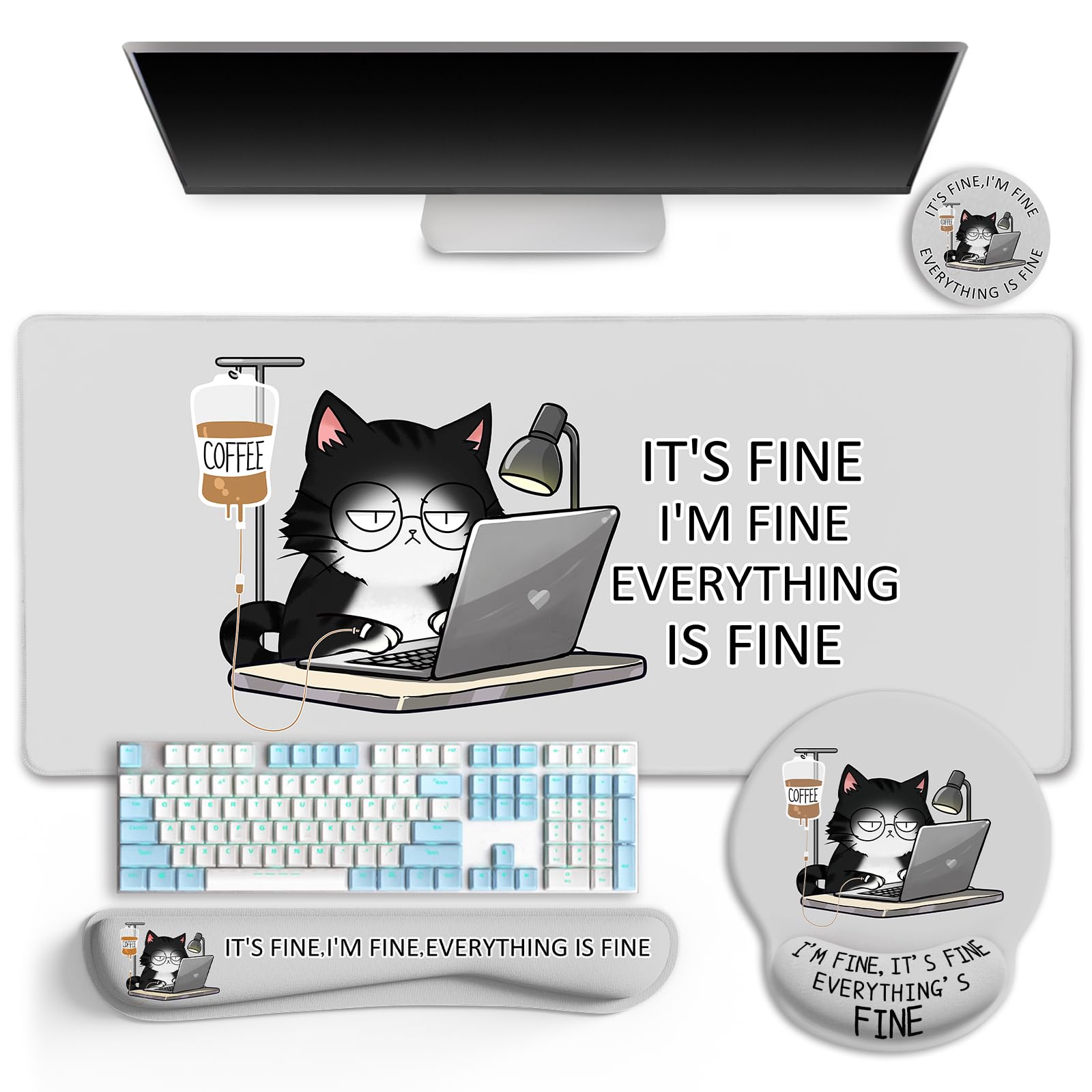 Ergonomic Cat Mouse Pad with Wrist Rest - Cute Gaming & Office Desk Mat Set for Comfortable Wrist Support - Includes Keyboard Mat and Cup Coaster - Perfect for Work, Gaming, and Home Office Use