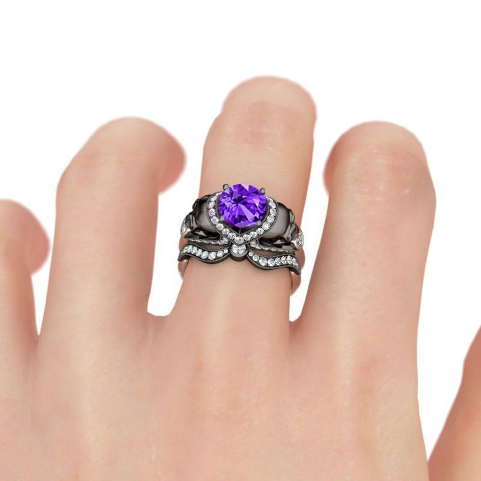 Jeulia 4.97 Carat Twist Skull Ring for Women - Sterling Silver Two Tone Round Cut Diamond Bridal Set, Black Plated Engagement Promise Ring with Jewelry Gift Box - Perfect for Weddings, Anniversaries & Gothic Fashion