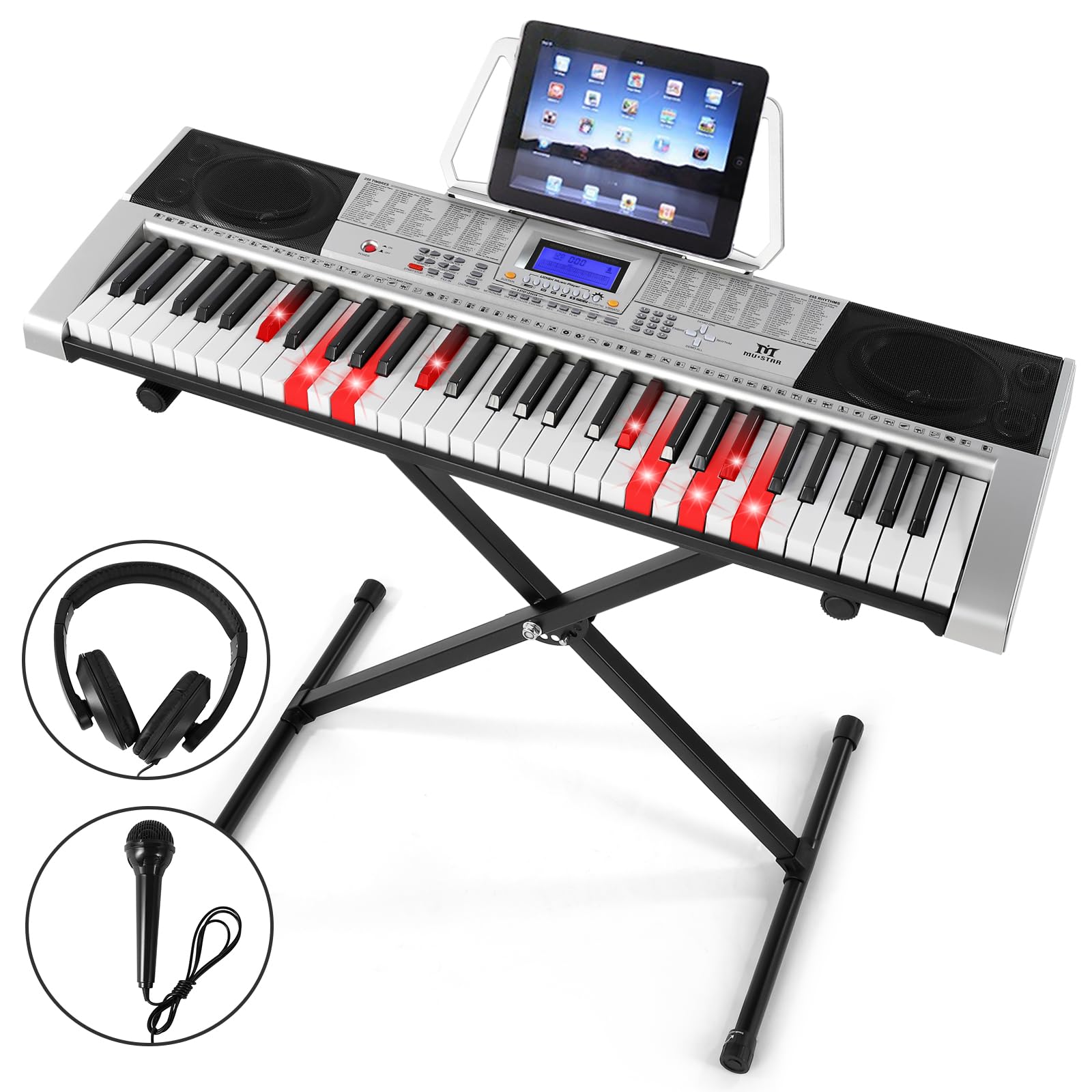 **MUSTAR 61-Key Light-Up Electric Keyboard Piano with Stand, Headphones & Microphone – Beginner Digital Piano with LCD Screen – Perfect for Learning, Holiday & Birthday Gifts (Silver)** – Ideal for Home Practice, Music Lessons & Live Performances