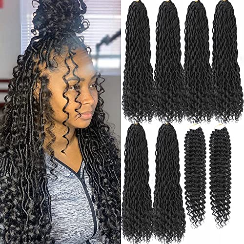 8 Packs Goddess Locs Crochet Hair 22 Inch - River Curls Synthetic Hair with Wavy Curly Ends - Faux Locs Crochet Braiding Hair for Black Women (1B) - Perfect for Protective Styles, Boho Looks & Everyday Wear