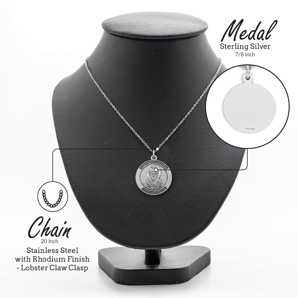 True Faith Jewelry Sterling Silver St. Nicholas Necklace - Patron Saint Medal Pendant (7/8 Inch) | Religious Jewelry for Women & Men | Perfect for Baptism, Confirmation & Spiritual Protection Gifts