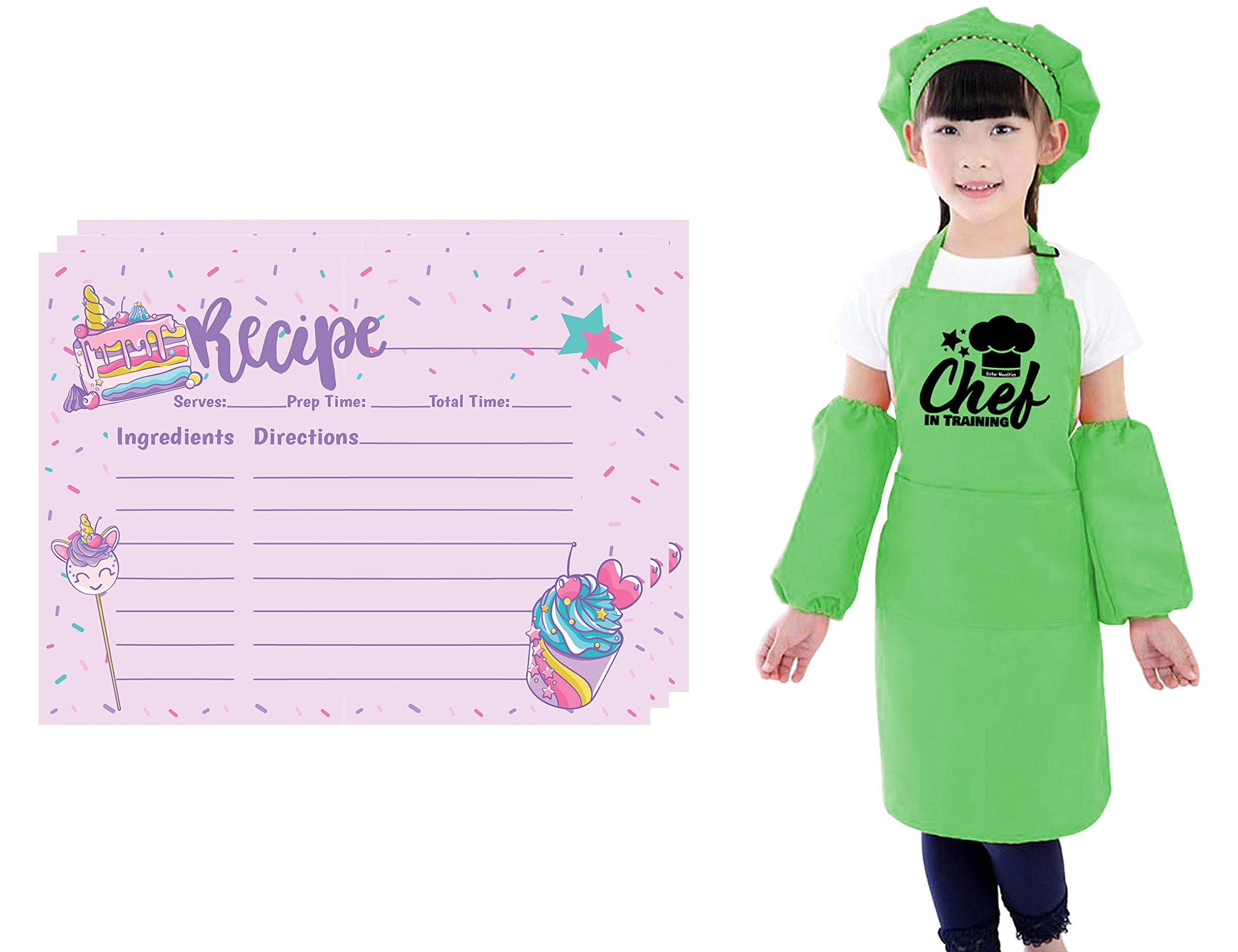 **Unicorn Rainbow Kids Kitchen Apron Set with Chef Hat & Recipe Cards - Light Green Baking Aprons for Girls & Boys - Perfect for Play Kitchens, Cooking Classes & Pretend Play**
