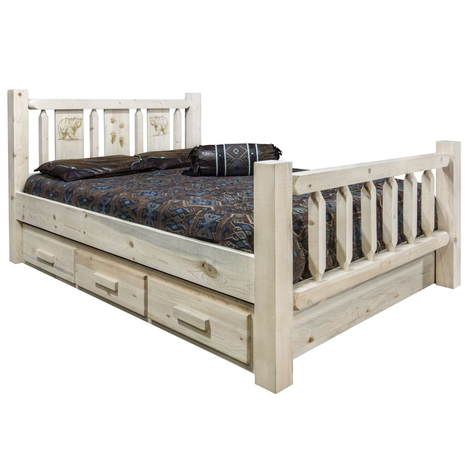 Montana Log Collection Solid Wood Queen Size Storage Bed with Bear Carving - Rustic Cabin Furniture for Bedroom, Lodge, or Log Home Decor