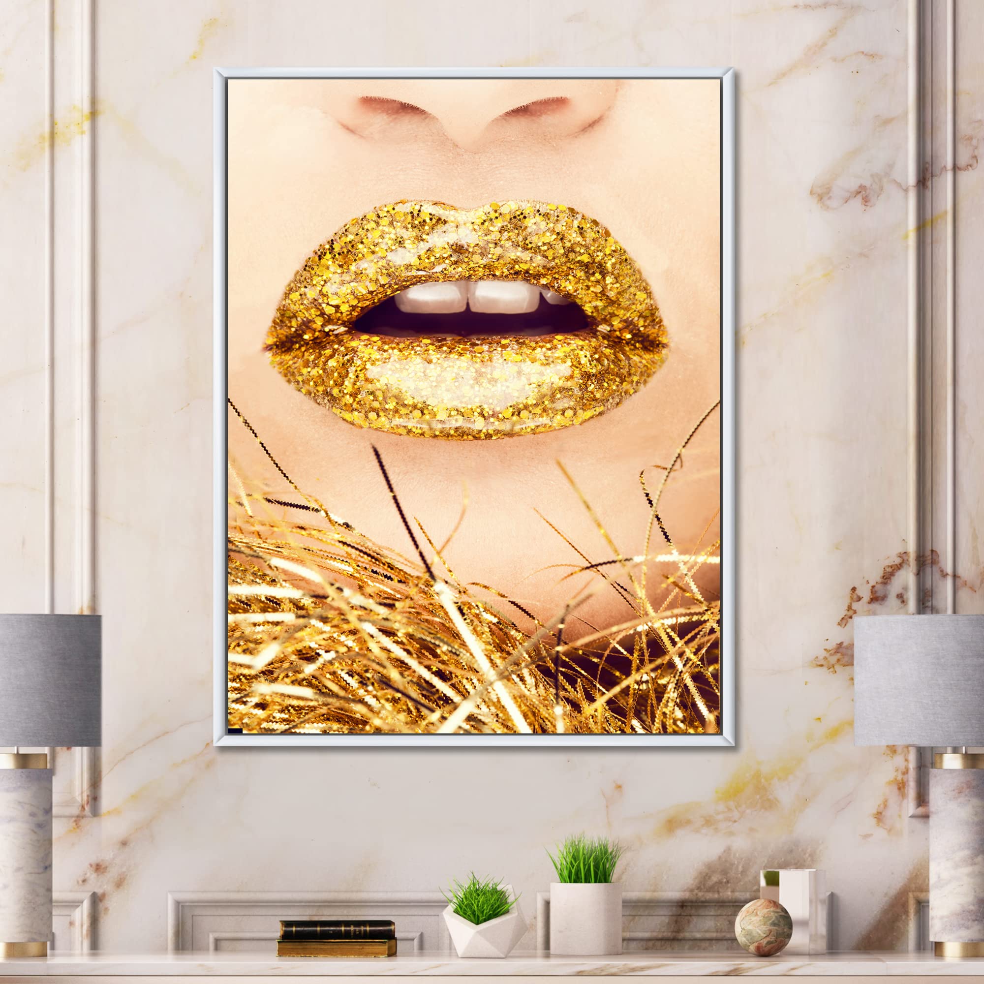 Golden Woman Lips I - Modern Framed Canvas Wall Art Print for Home & Office Decor | Elegant Contemporary Painting for Living Room, Bedroom, or Gift