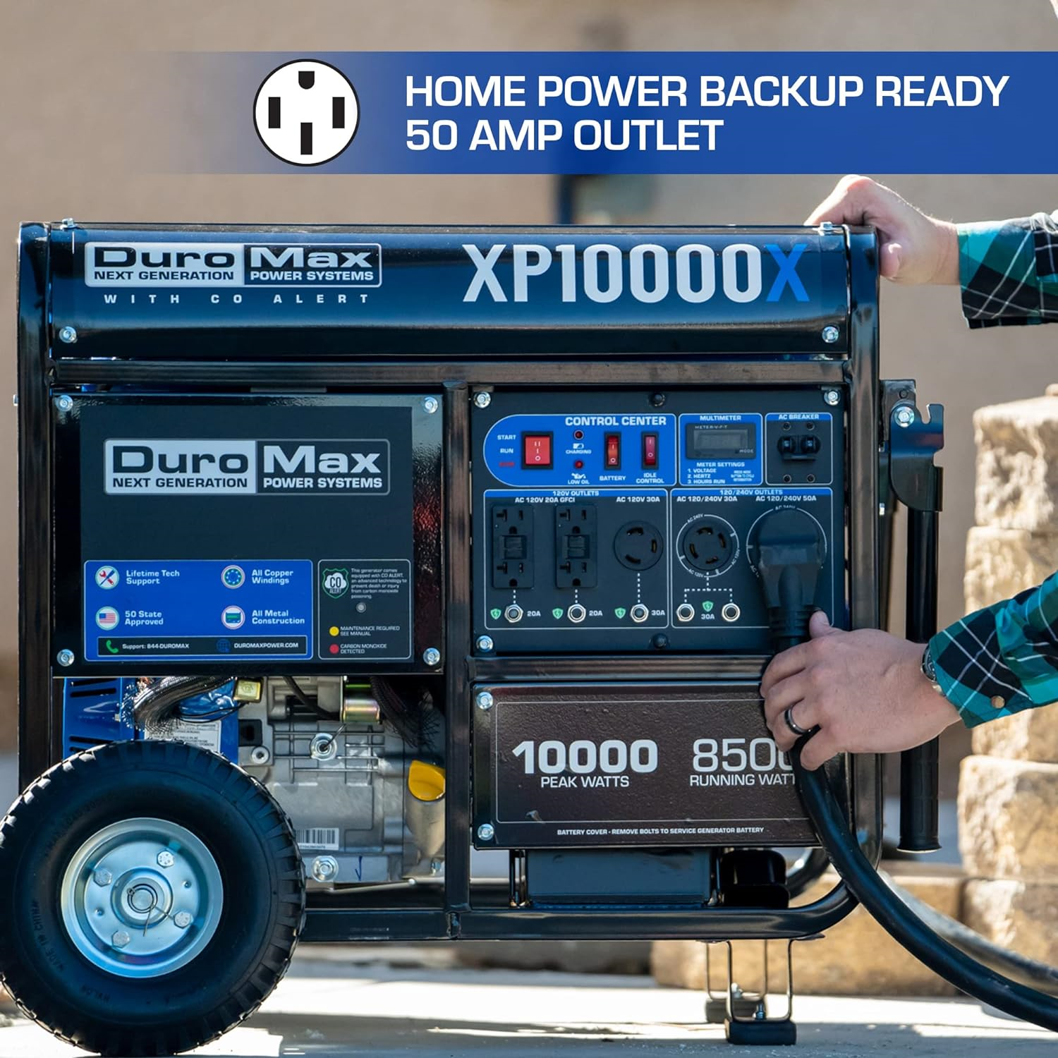 DuroMax XP10000X 8500W/10000W Portable Gas Generator with Electric Start & CO Alert - Reliable Power for Home Backup, Camping & Outdoor Events