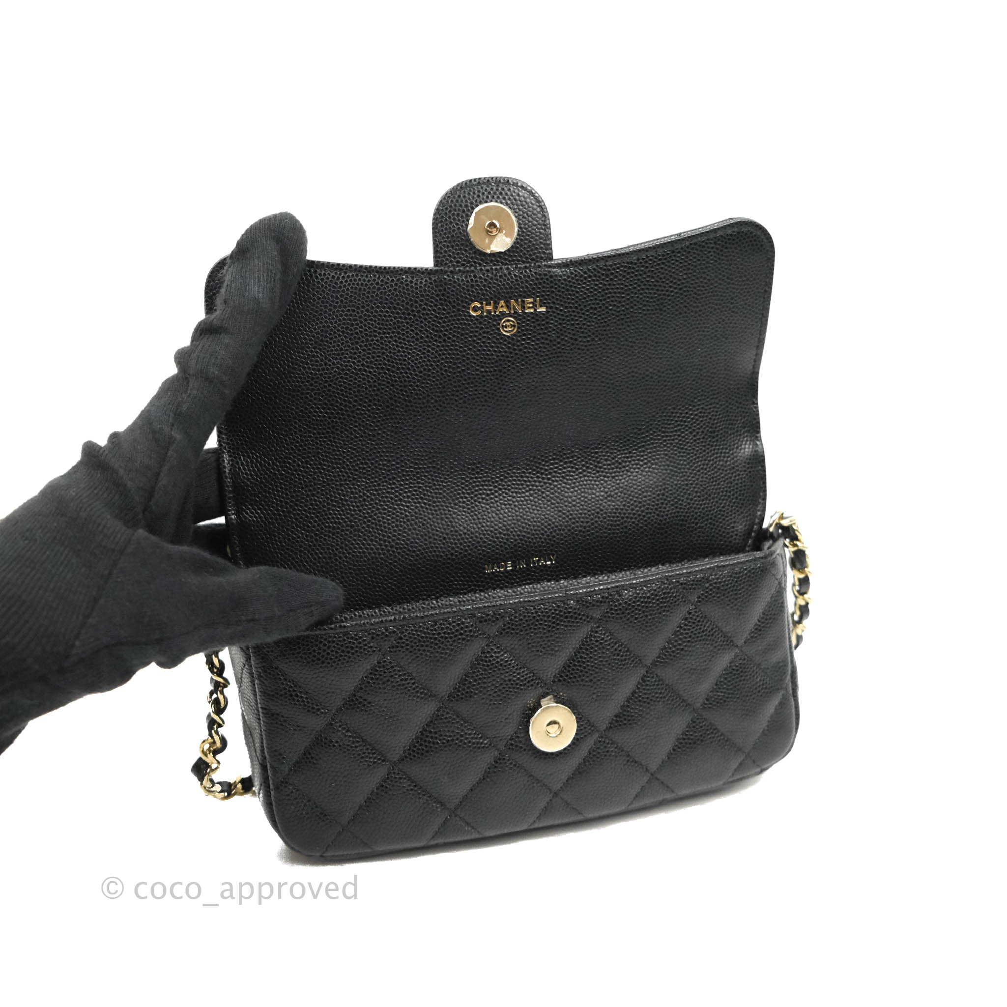 Chanel Classic Flap Phone Holder With Chain - Black Caviar Leather & Gold Hardware 22A - Luxury Phone Crossbody Bag for Women, Perfect for Parties & Daily Use