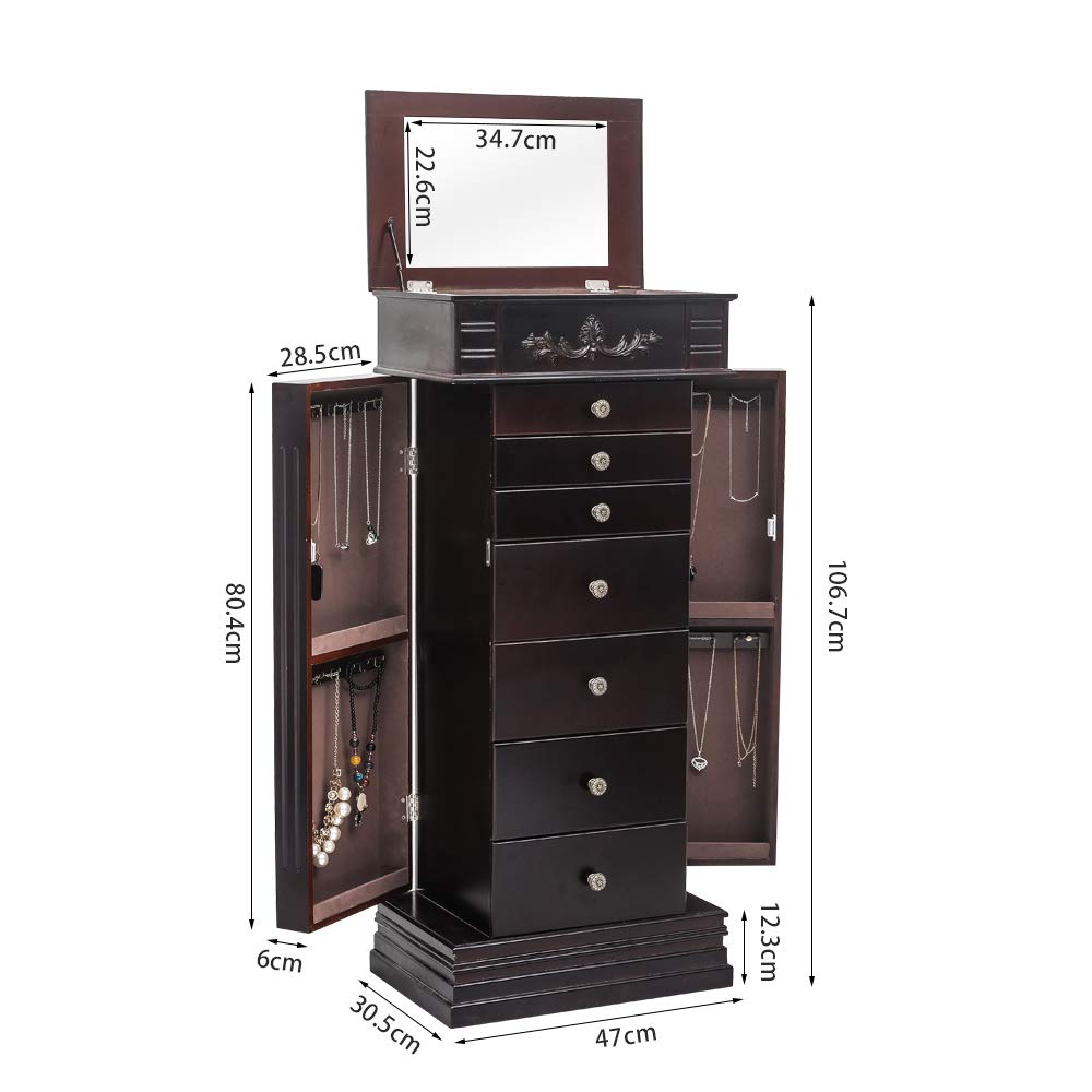 8-Drawer Standing Jewelry Armoire Cabinet with Mirror - Wooden Jewelry Organizer with 2 Side Doors & 16 Necklace Hooks - Perfect for Bedroom, Closet & Dressing Room Storage