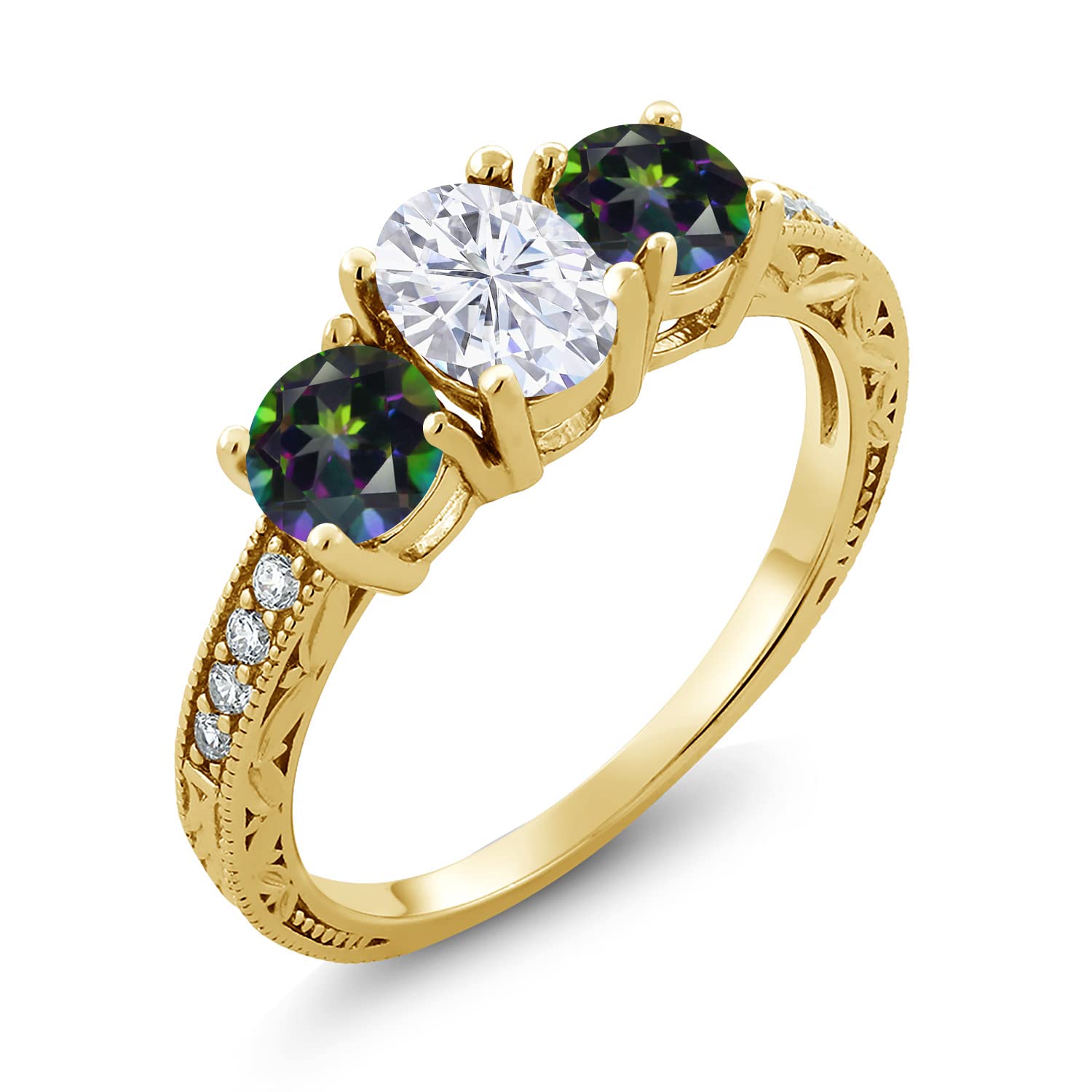 Gem Stone King 18K Yellow Gold Plated Sterling Silver Green Mystic Topaz & Moissanite Ring Set (2.12 Cttw) - Elegant Jewelry for Weddings, Anniversaries & Special Occasions