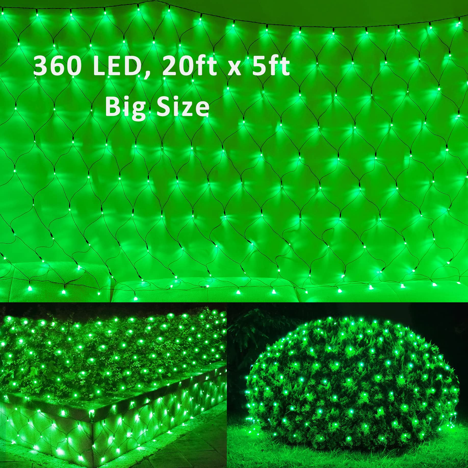 Pooqla 21ft x 5ft 360 LED Green Outdoor Net Lights - 8 Lighting Modes for Bushes, Yard, Garden, Party & Holiday Decor | Perfect for St. Patrick's Day, Halloween & Christmas Decorations