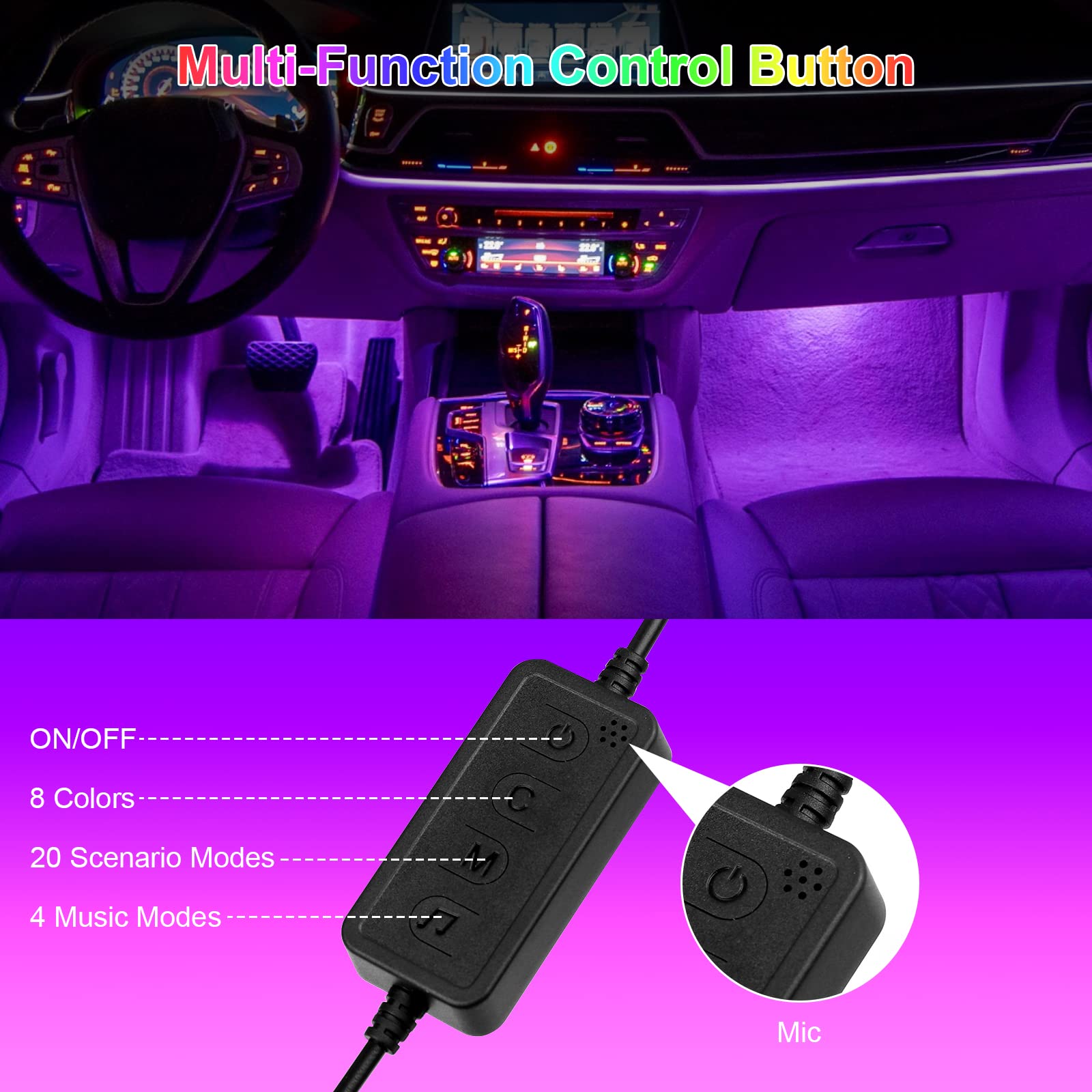 Smart APP Controlled Multicolor LED Car Interior Lights Kit - Music Sync, DIY Mode, 5V USB for Cars, Trucks & SUVs | Enhance Ambience for Night Driving, Parties & Custom Vehicle Lighting
