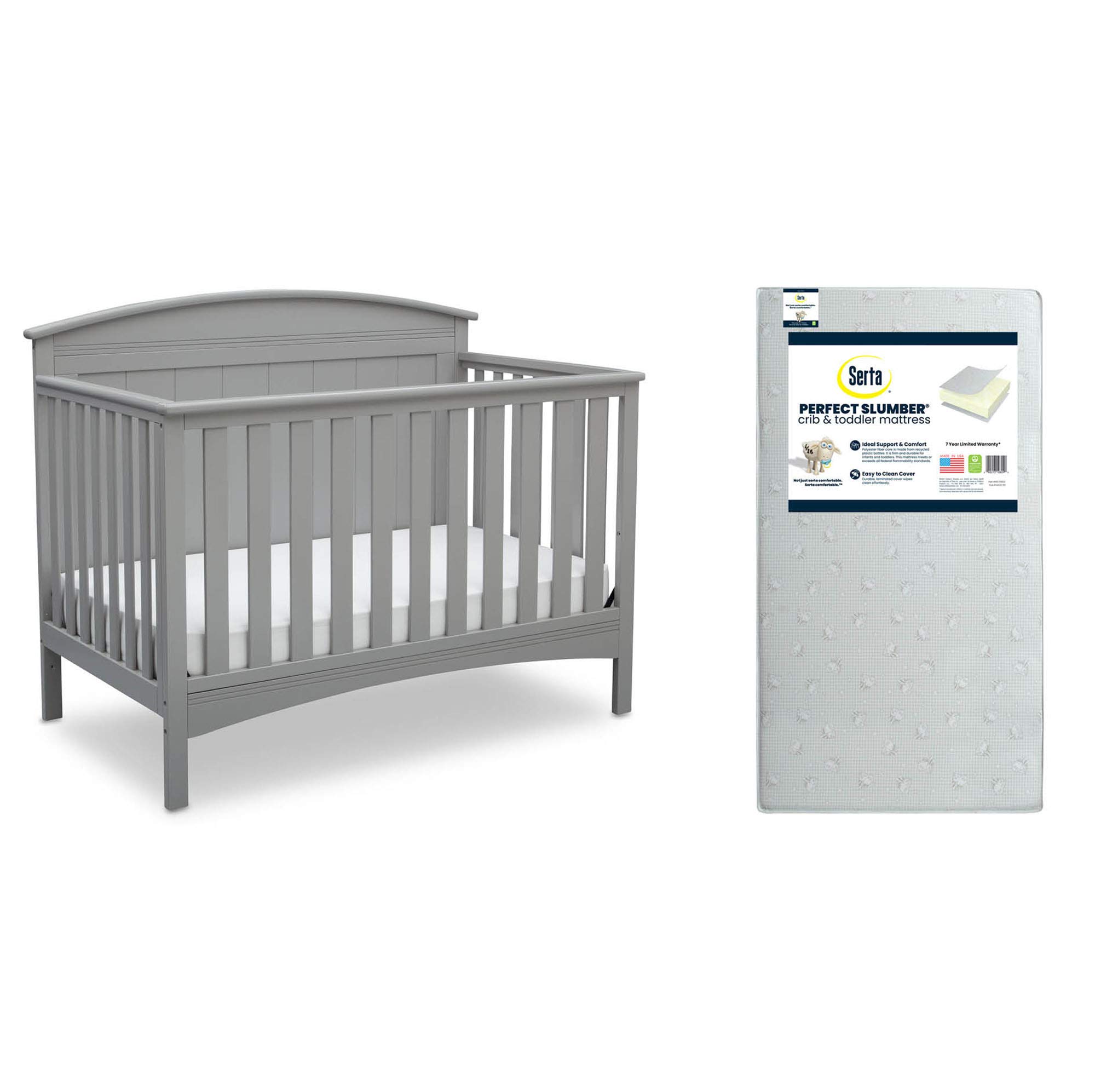 Delta Children Archer 4-in-1 Convertible Crib in Grey with Serta Perfect Slumber Dual-Sided Eco-Friendly Crib Mattress - Nursery Furniture Set for Baby & Toddler | Safe Sleep Solution for Newborns to Big Kids
