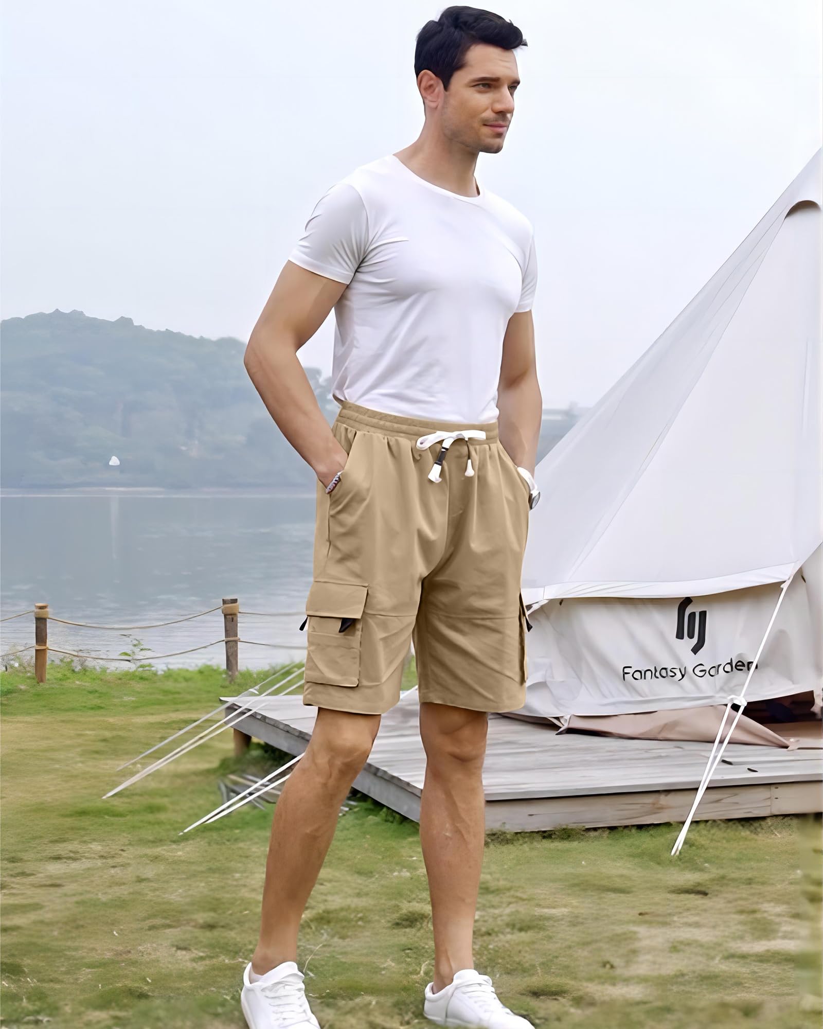 NANAMEEI Men's Elastic Waist Cargo Shorts - Summer Work Shorts with Multiple Pockets for Outdoor, Casual, and Travel Wear