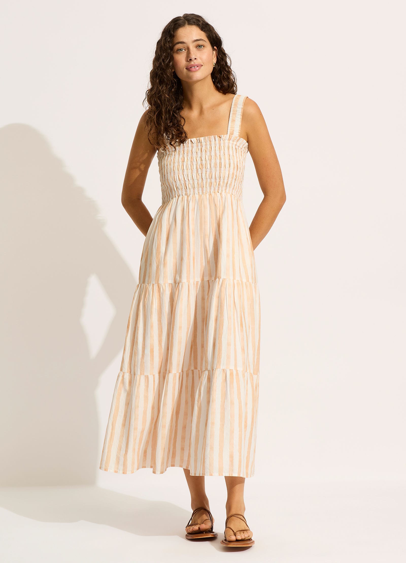 Elegant Shirred Midi Dress in Ecru - Perfect for Summer Outings, Beach Vacations & Casual Date Nights