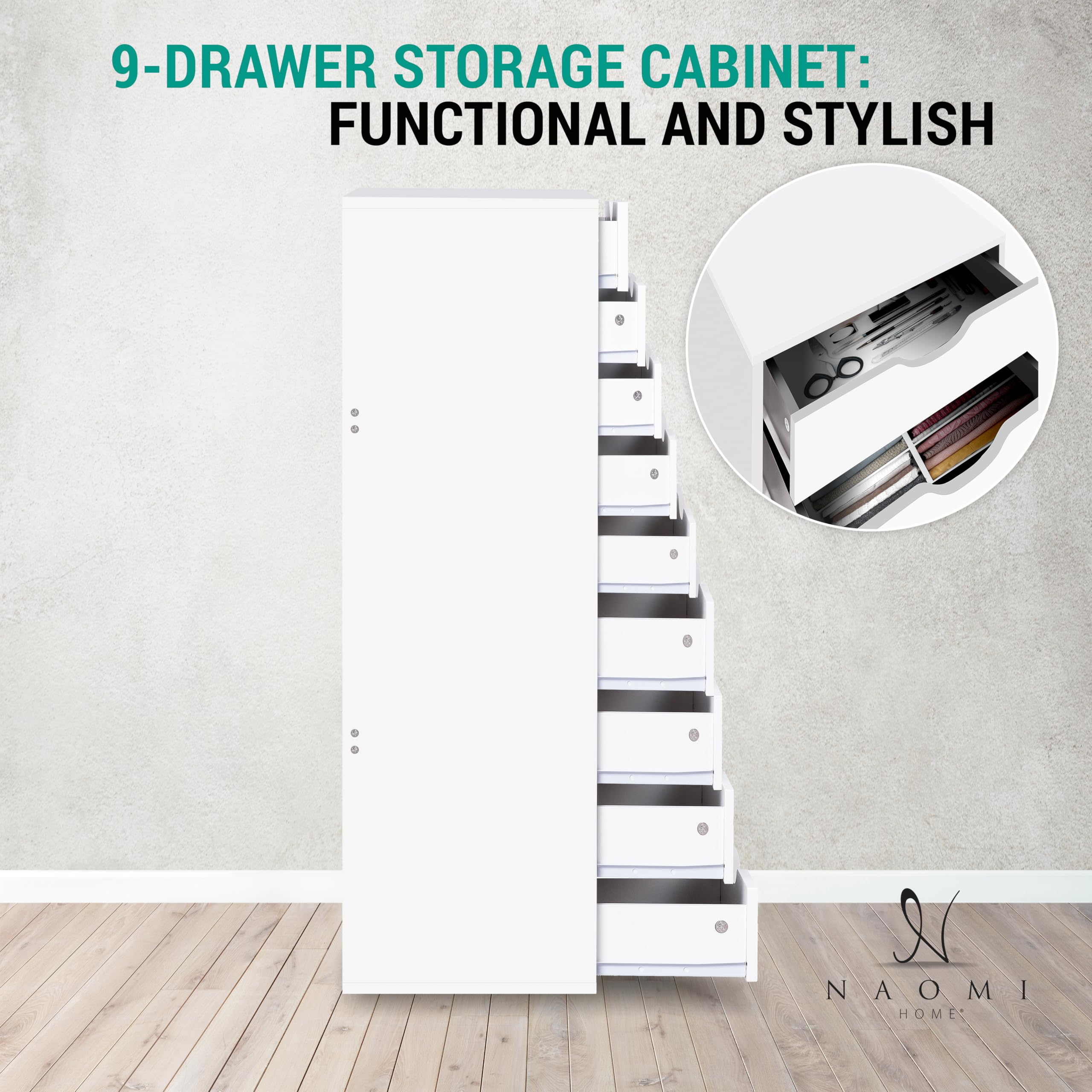 Naomi Home 9-Drawer Tall Dresser for Bedroom & Closet - White Makeup Storage Cabinet with 200 lbs Capacity - Perfect for Bedroom Organization, Small Space Storage & Makeup Vanity Setup