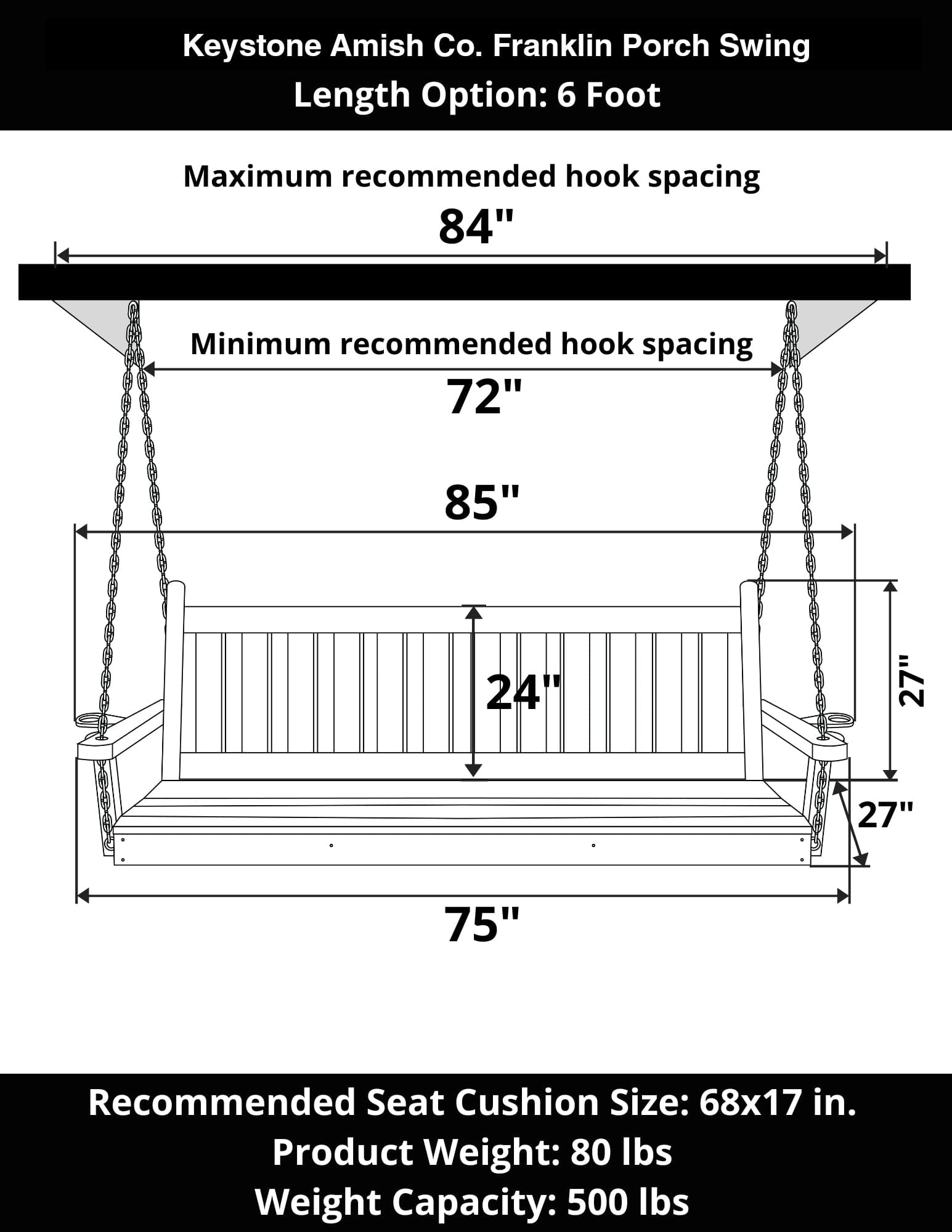 Keystone Amish Co. 6 Foot Franklin Porch Swing - Dark Green Outdoor Wooden Swing for Patio, Garden & Backyard Relaxation