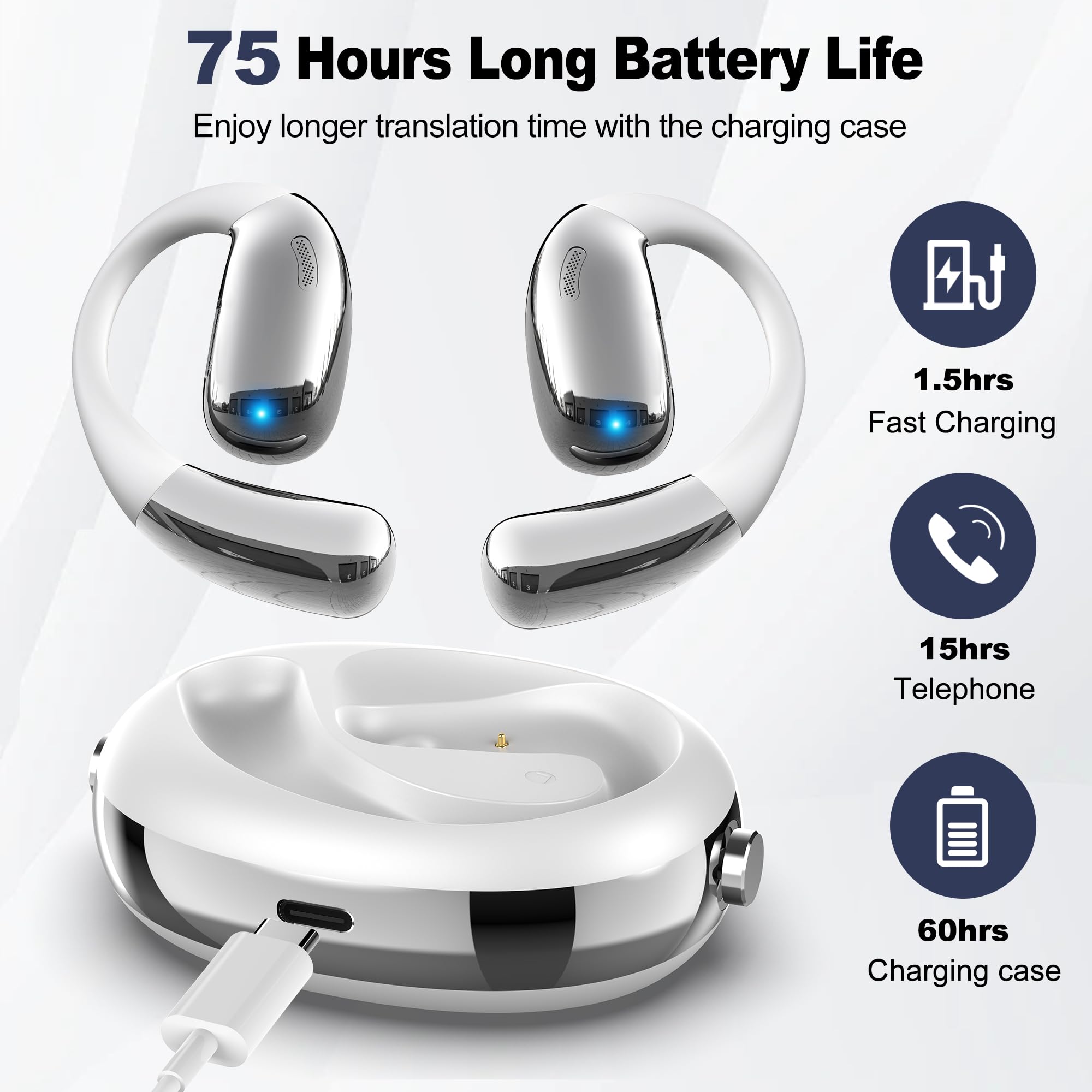 Wireless Earbuds with AI Real-Time Language Translation - 3-in-1 Bluetooth Headphones with HD Sound & 75Hrs Playtime for Business Meetings, Language Learning & International Travel (White, No Subscription Fee) - Perfect for Multilingual Conversations & Hands-Free Calls