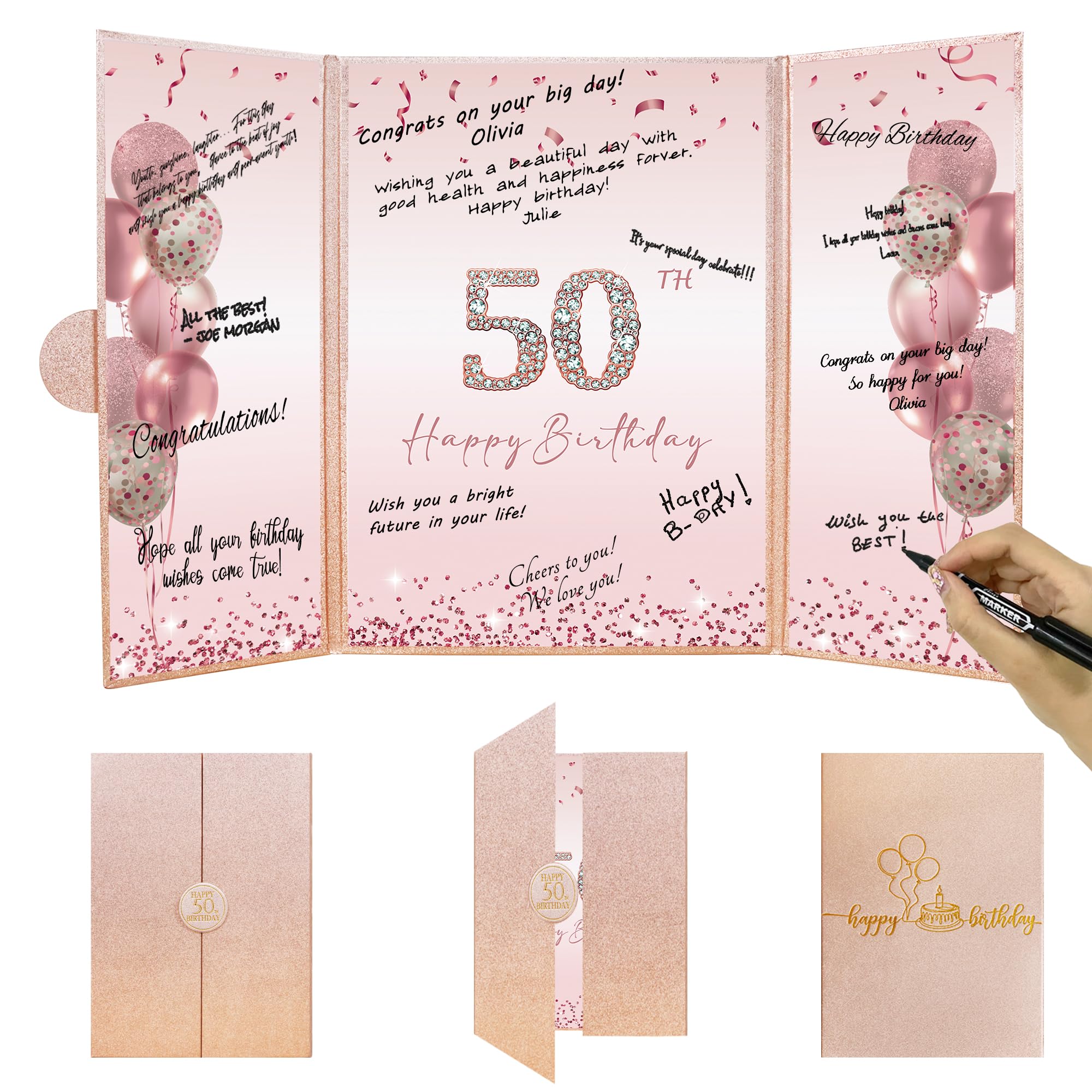 DARUNAXY Rose Gold 50th Birthday Party Decorations Set - Happy 50th Birthday Guest Book Alternative for Women, Pink Cheers to 50 Years Signing Board - Perfect for Milestone Celebrations, Retirement Parties & Anniversary Gifts