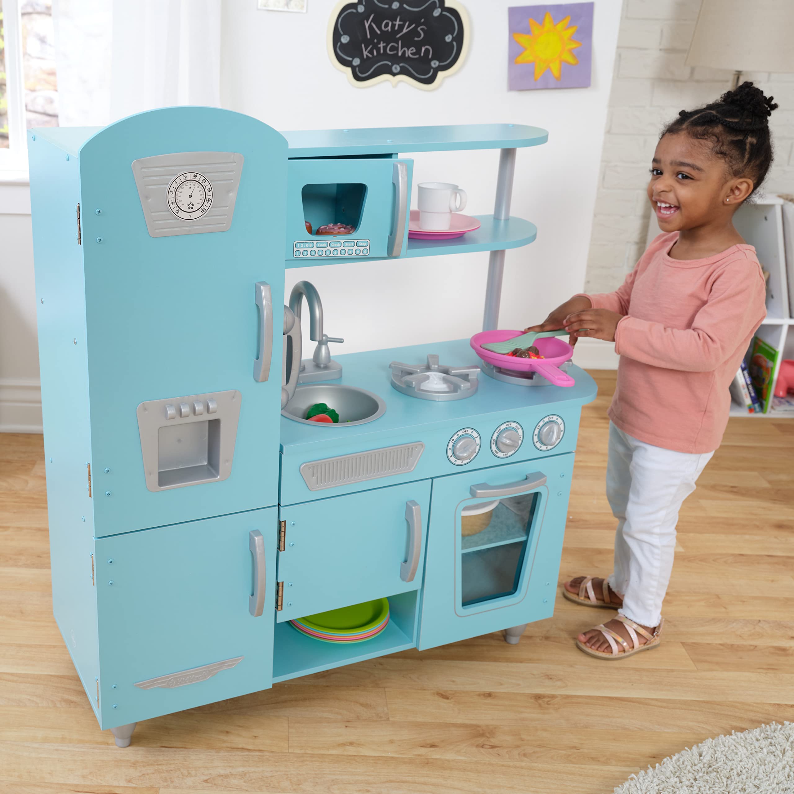 KidKraft Vintage Wooden Play Kitchen Toy for Kids - Blue Pretend Kitchen with Ice Maker & Play Phone | Perfect for Pretend Play, Role-Playing & Early Childhood Development