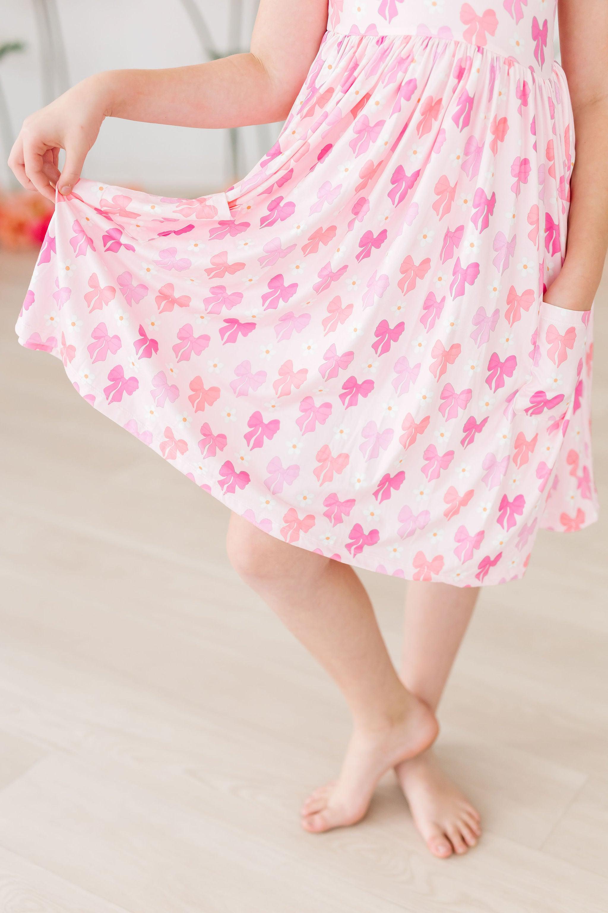 Bow Beauty Short Sleeve Pocket Twirl Dress - Elegant Summer Floral Swing Dress for Women, Perfect for Garden Parties, Weddings & Date Nights