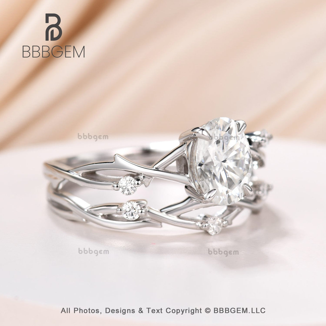 2PCS Twig Vine Oval Moissanite Solitaire Engagement Ring Set for Women - 1.5CT Oval Cut Rose Gold Wedding Band - Perfect for Proposals, Anniversaries & Bridal Jewelry