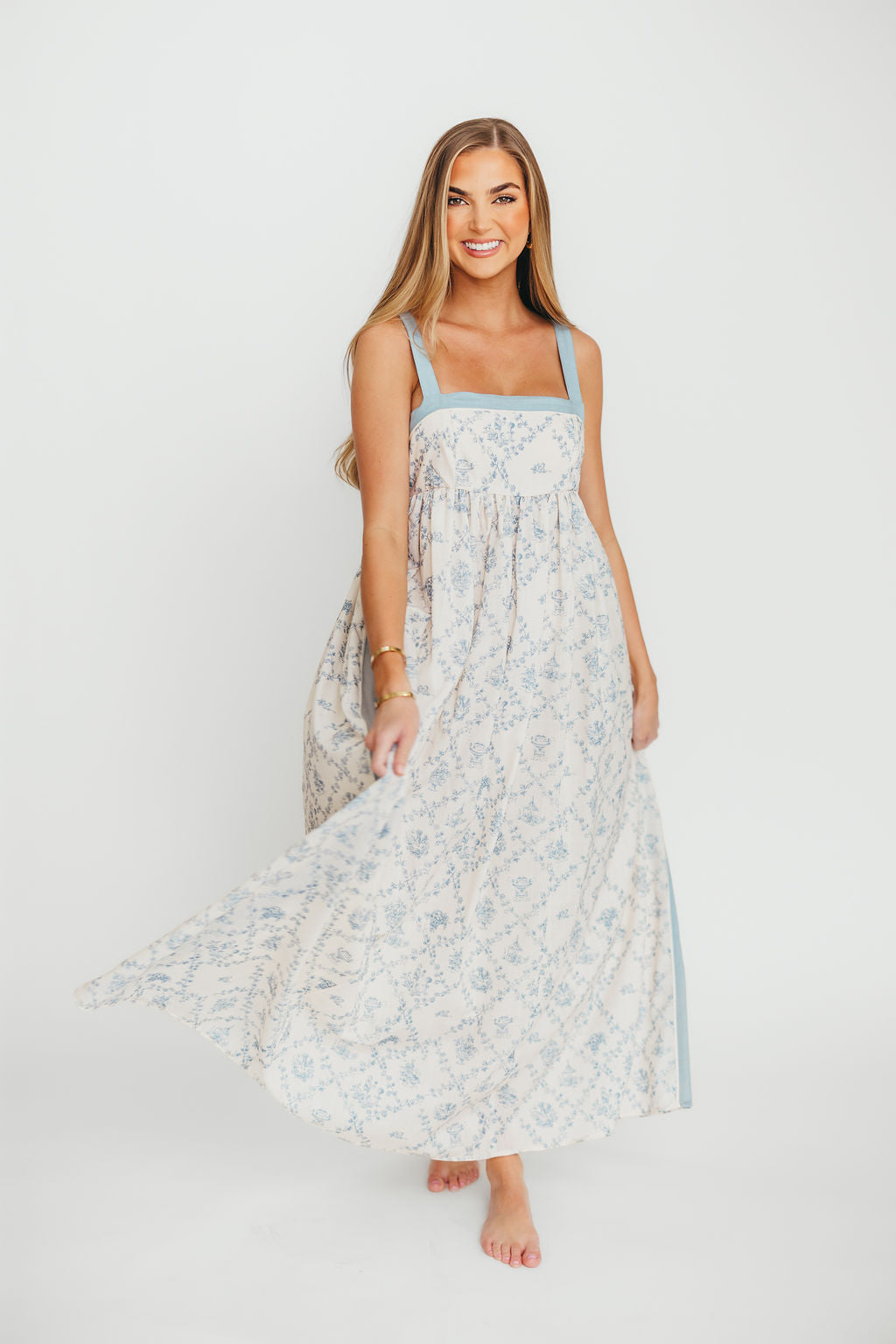 Lillian Toile Maxi Dress in French Blue - Floral Summer Dress for Women, Beach Wedding Guest Outfit, Garden Party Dress