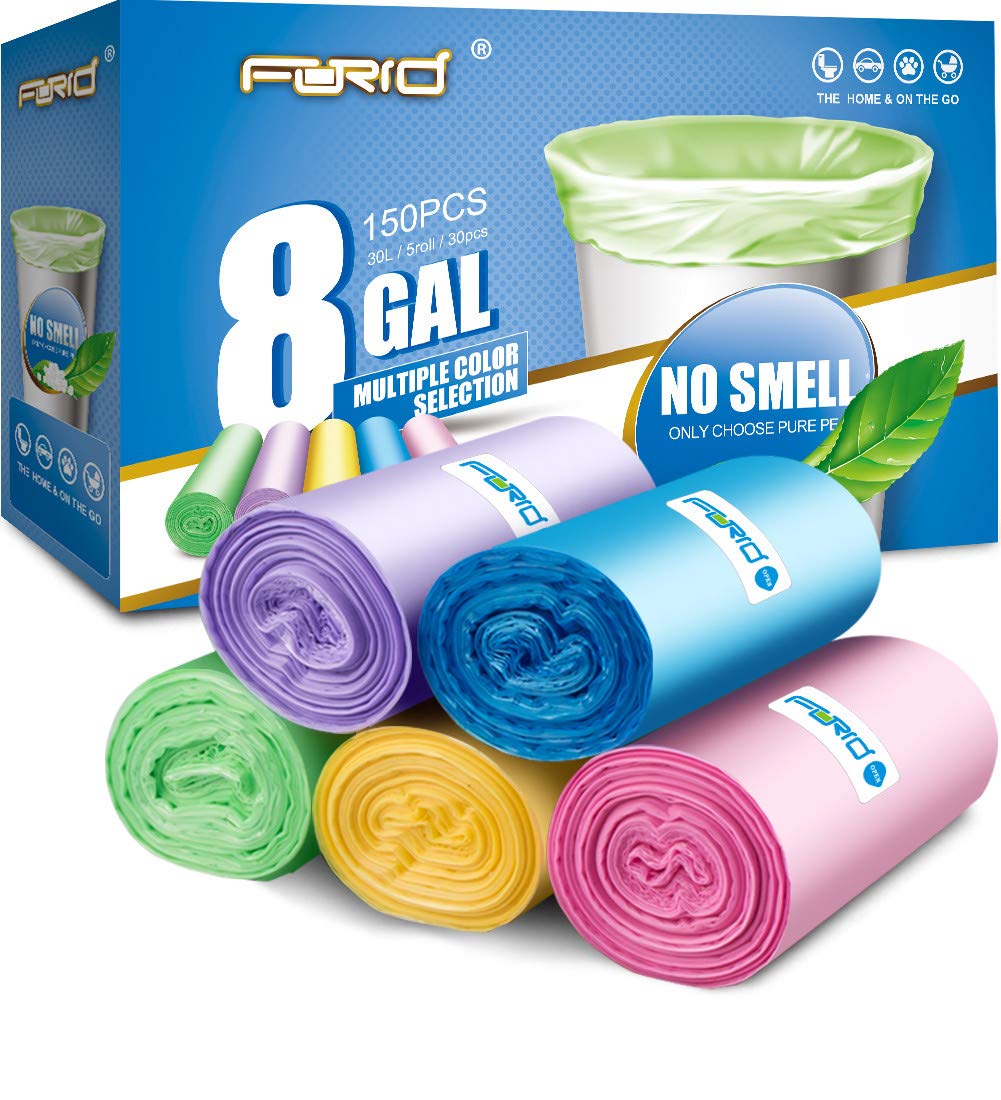 FORID 8 Gallon (30L) Extra Thick Colored Trash Bags - Unscented Heavy Duty Plastic Garbage Can Liners for Home, Kitchen, Bathroom & Office (150 Count, 5 Rolls) | Perfect for Waste Disposal, Recycling & Daily Cleaning