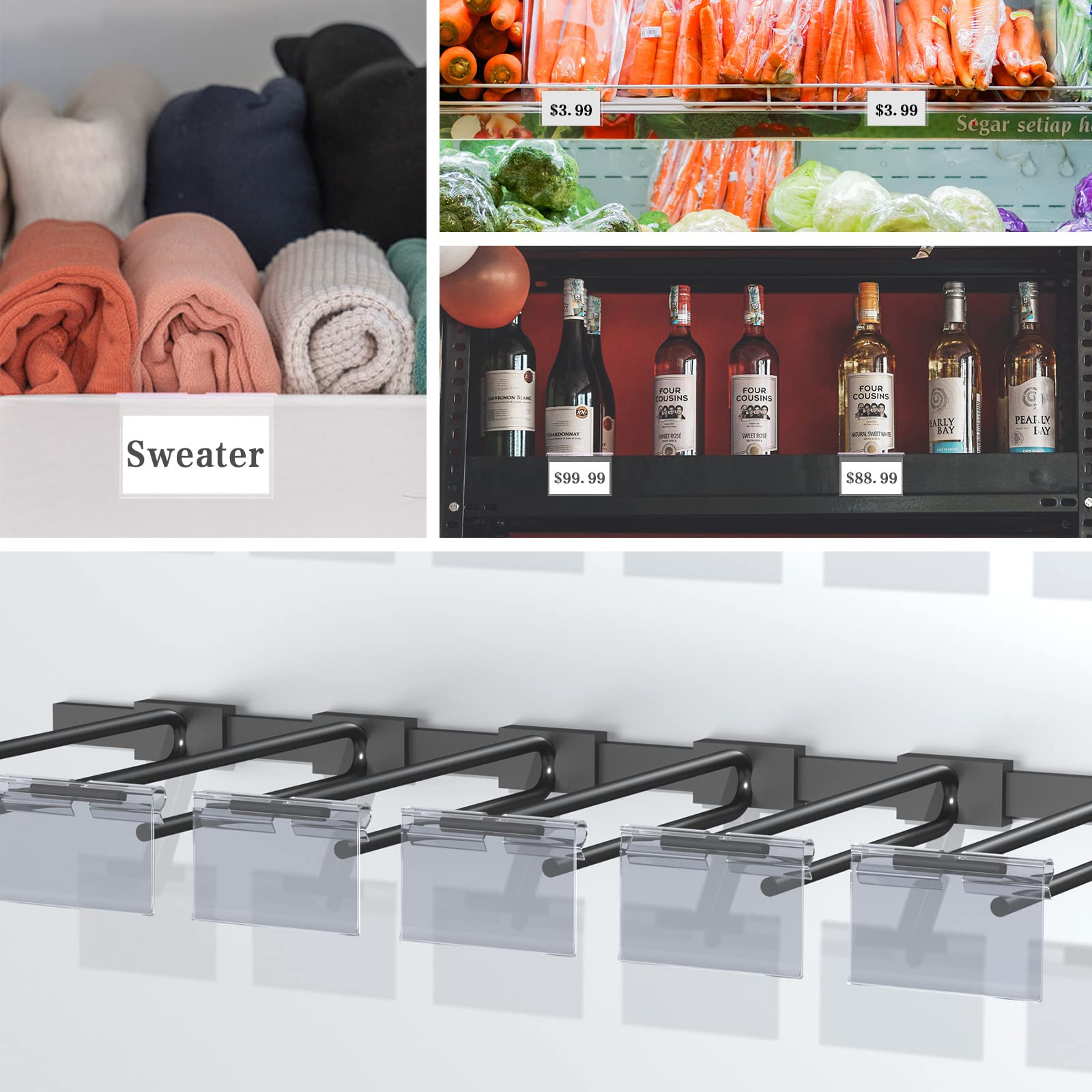 60PCS Clear Plastic Storage Bin Label Clips with 80 Extra Label Papers - 6X4.2CM Wire Shelf, Basket & Closet Organizers for Pantry, Fabric Cubes & Cloth Bins - Perfect for Home, Office & Classroom Organization
