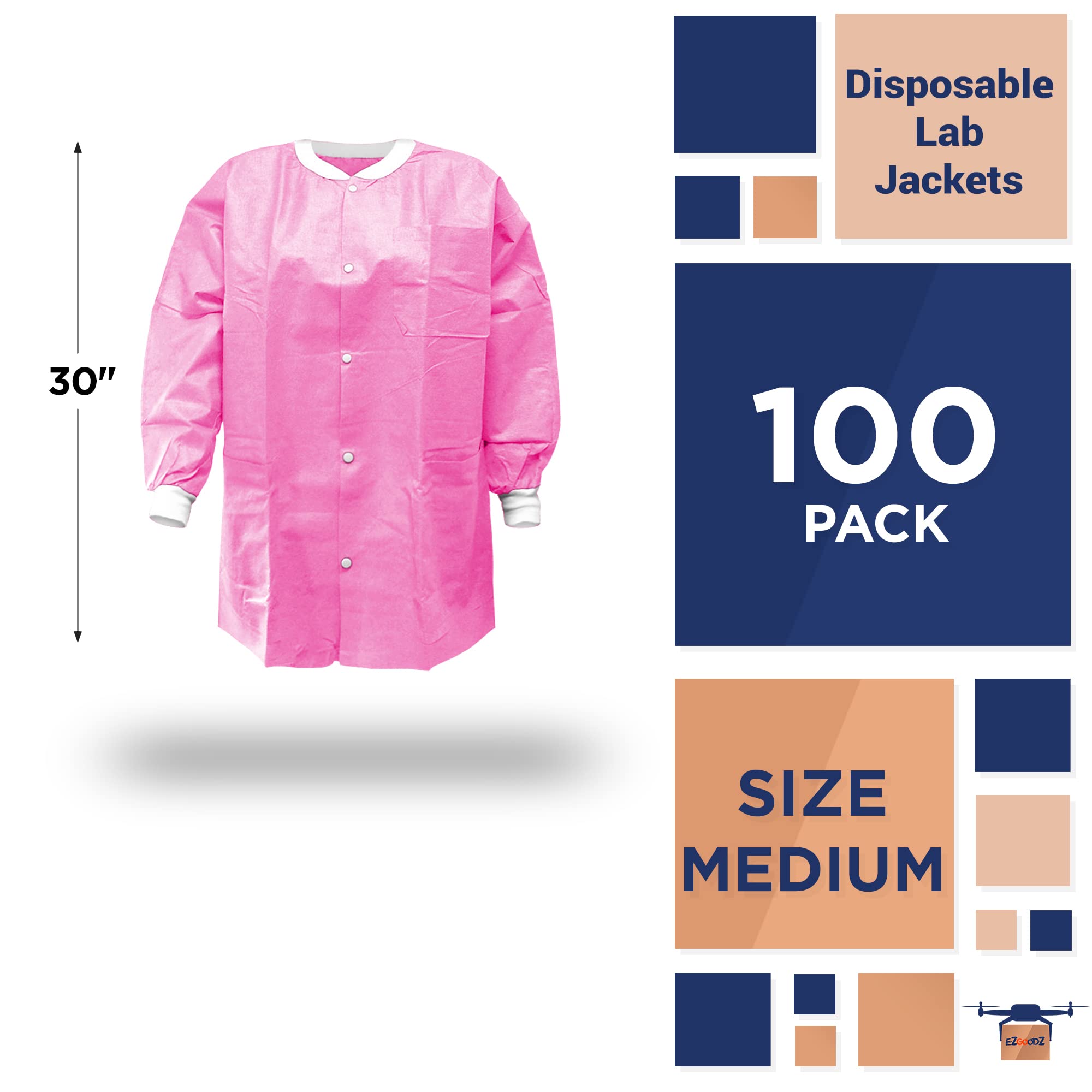 EZGOODZ Disposable Lab Coat - 30 Inch Long, Pack of 100, Pink Hip-Length Workwear (Medium) - SMS 50 GSM, Snap Front, Knit Cuffs & Collar, 3 Pockets - Unisex PPE Coat for Medical, Laboratory, Cleanroom & Industrial Use