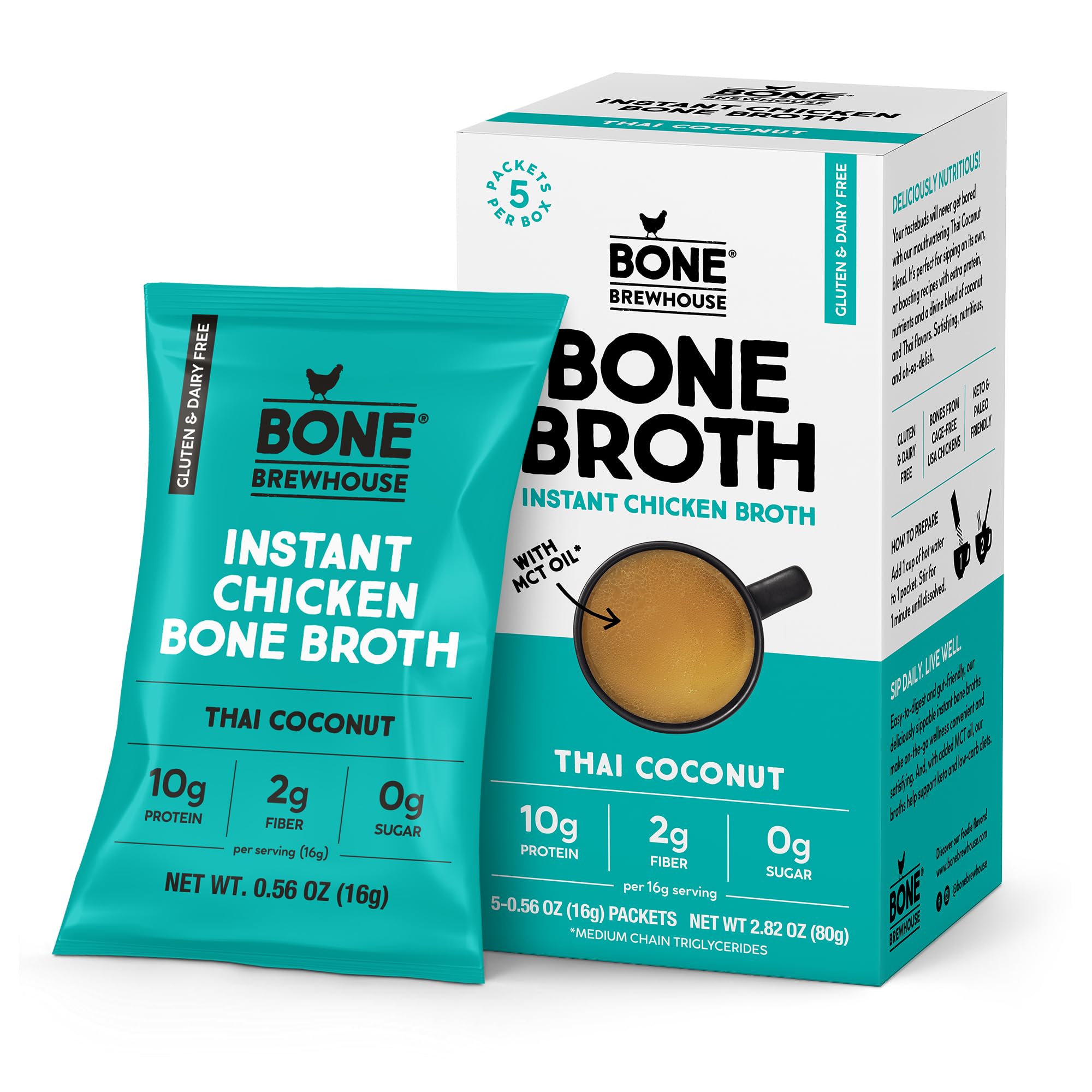 Bone Brewhouse Chicken Bone Broth Protein Powder - Thai Coconut Flavor | Keto, Paleo Friendly Instant Soup | 10g Protein, Natural Collagen | Gluten-Free, Dairy-Free (5 Servings) - Perfect for Post-Workout Recovery, Keto Diet & Healthy Cooking